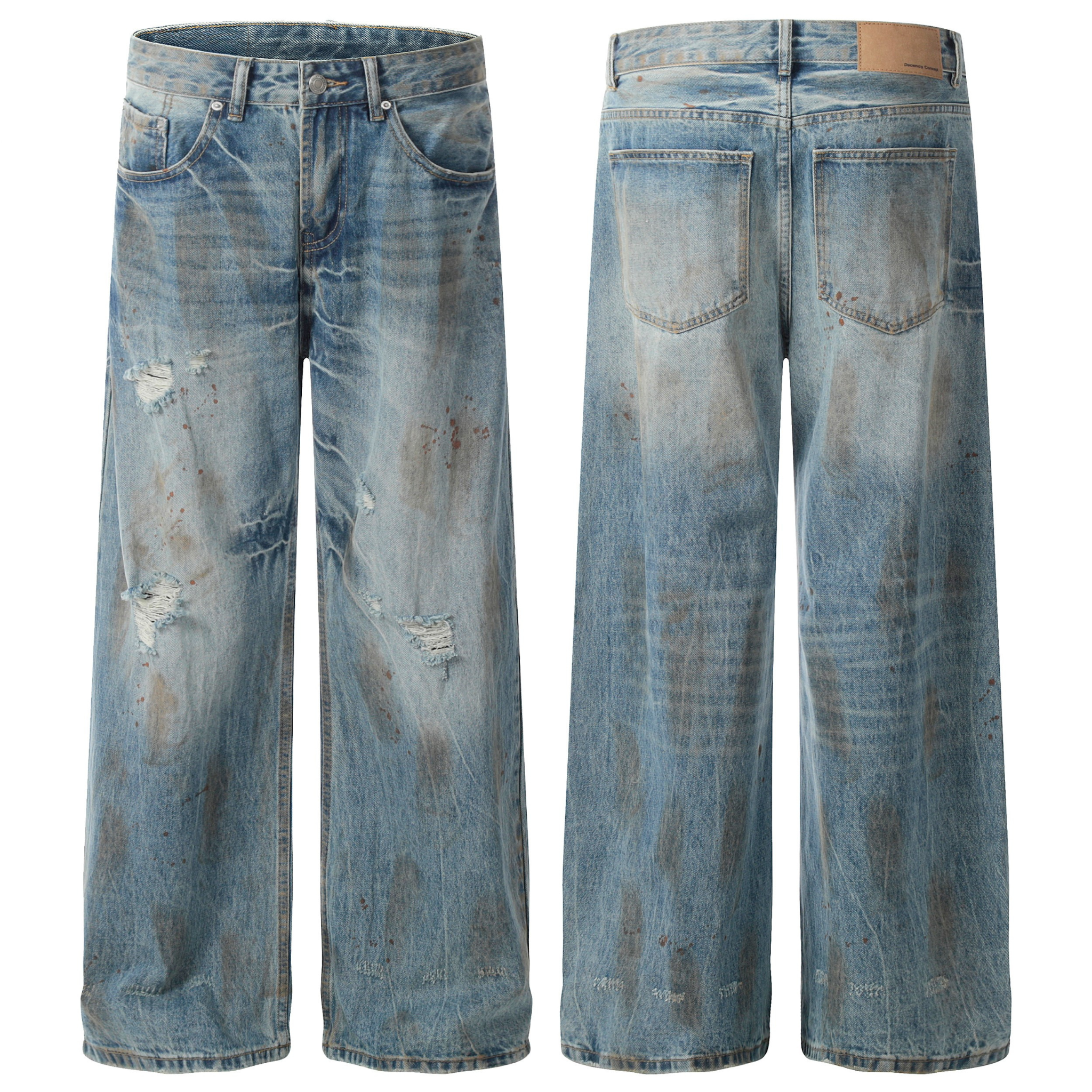 Front and back view of wide-leg distressed jeans with rust-wash stain effects, fading, and ripped knee detailing