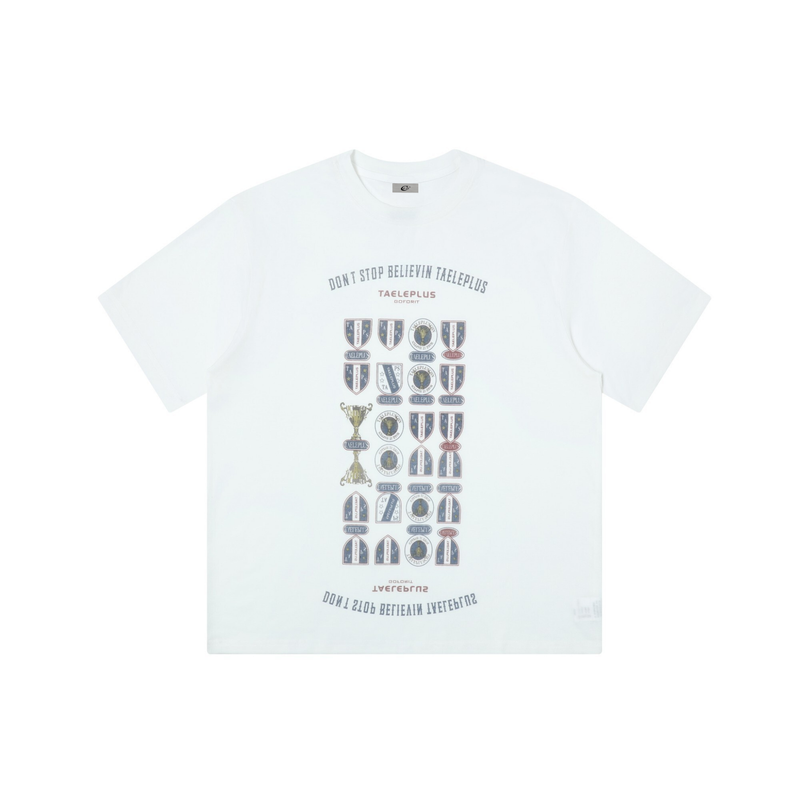 White graphic tee with vintage trophy and crest collage, featuring Dont Stop Believin text on the front