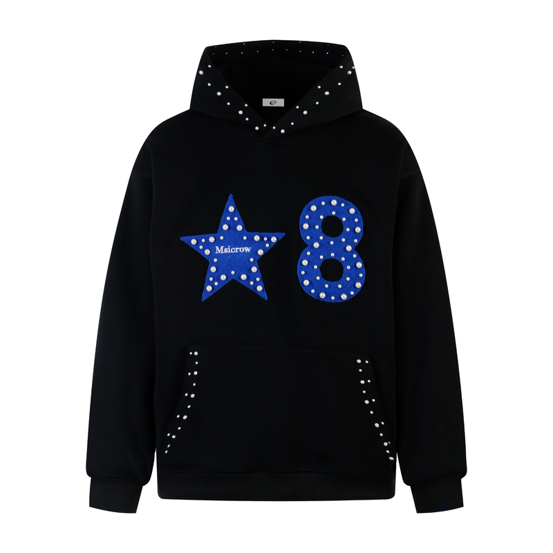 Front view of black hoodie with blue star and number 8 appliqués and pearl studs