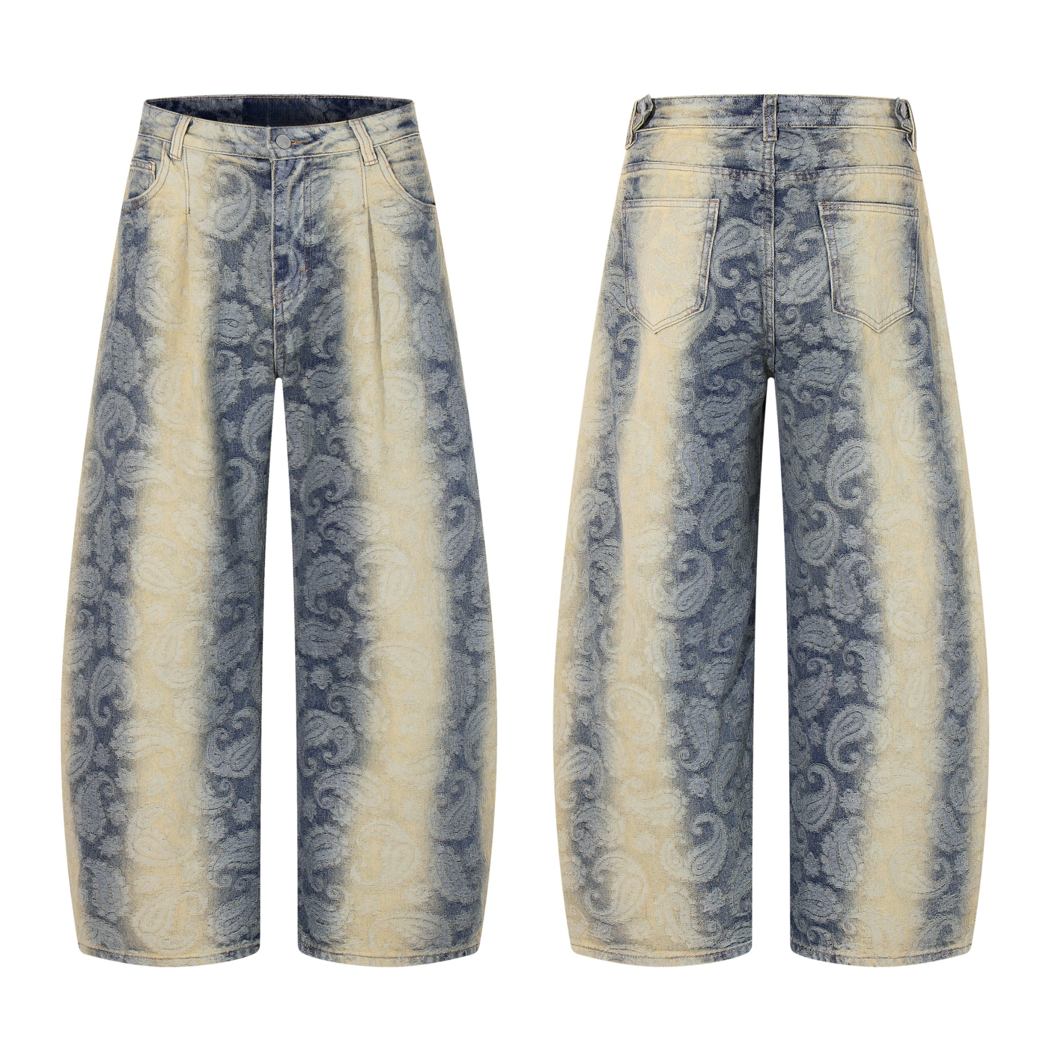 Front and back view of wide-leg jeans with allover paisley pattern and vertical spray-fade gradient wash in blue and cream