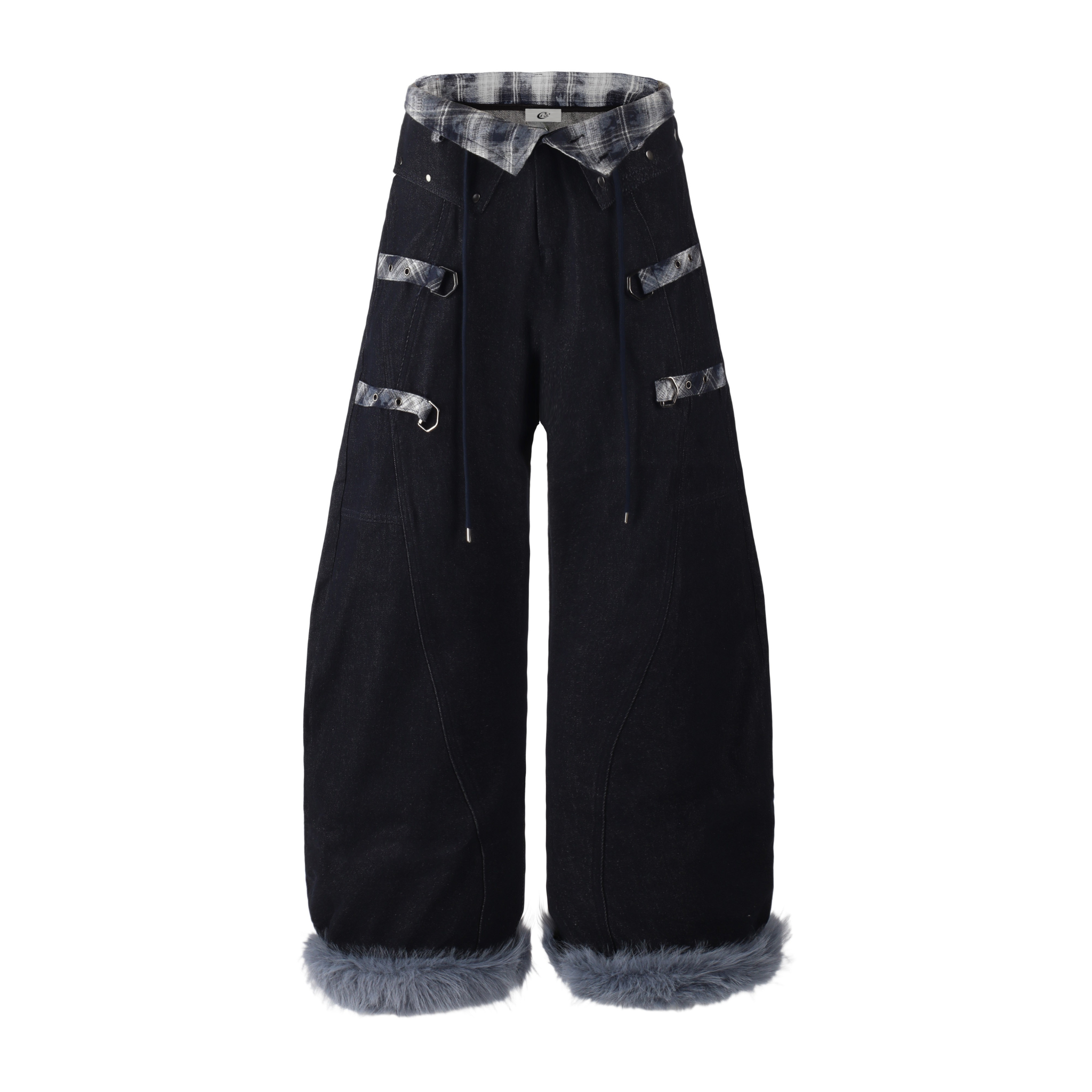 Omirad Flannel-Lined Faux Fur Barrel Leg Denim Pants