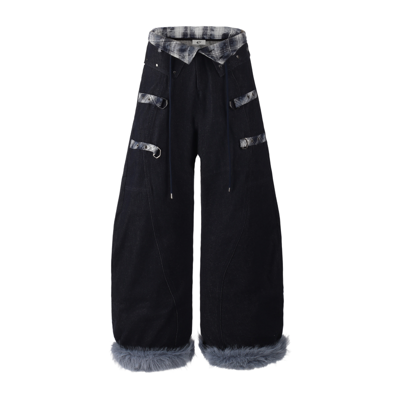 Front view of black denim barrel leg pants with gray plaid waistband and faux fur cuffs