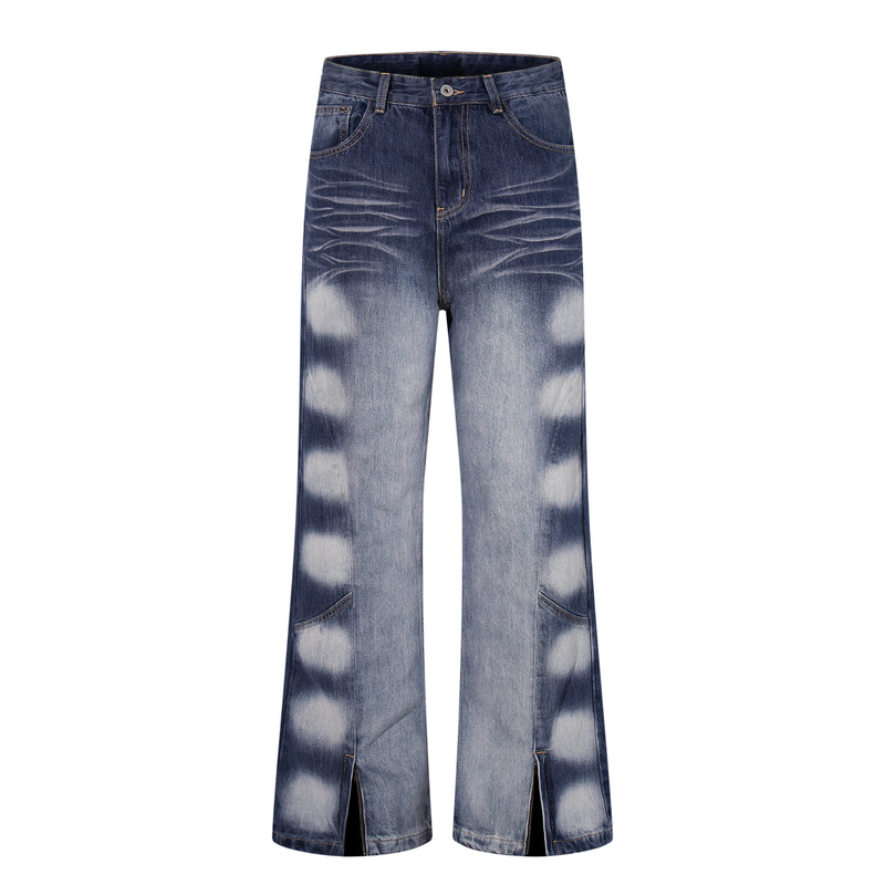 Front view of wide-leg blue jeans with light fade patterns and split hems