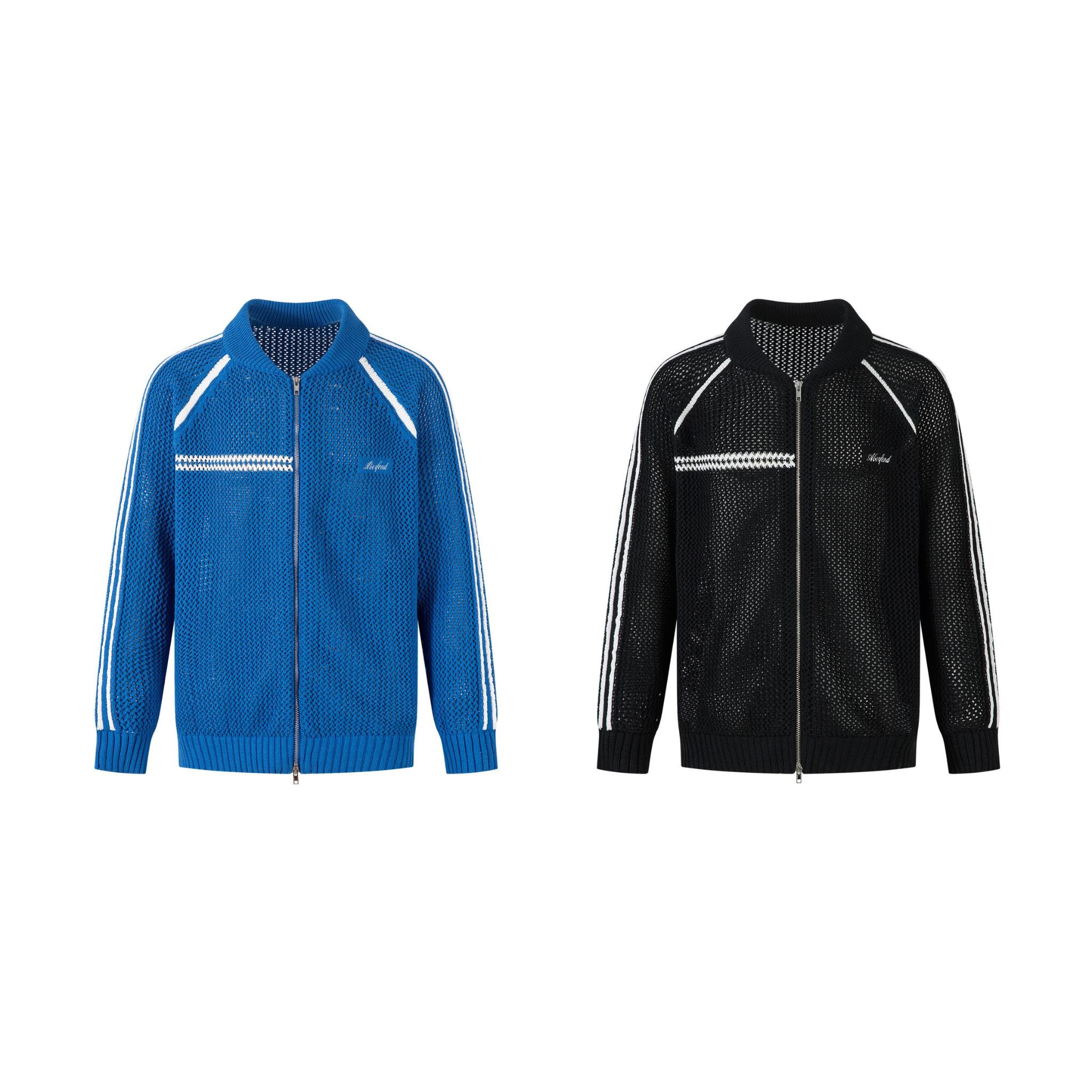 Royal blue open mesh knit track jacket with white contrast sleeve stripes and full front zip, displayed flat on white backgro