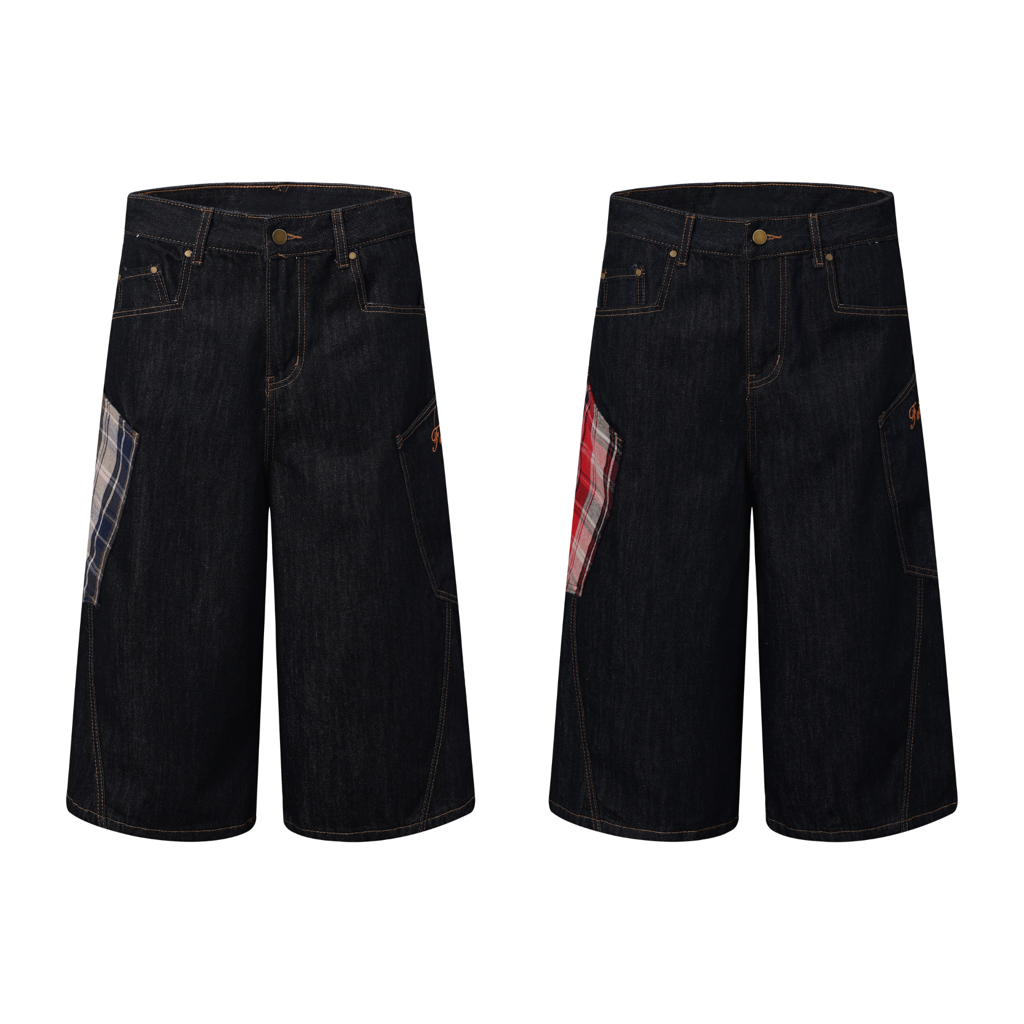 Omirad Patchwork Denim Jorts in dark indigo with navy plaid and red plaid patch panel, wide-leg cut, front view