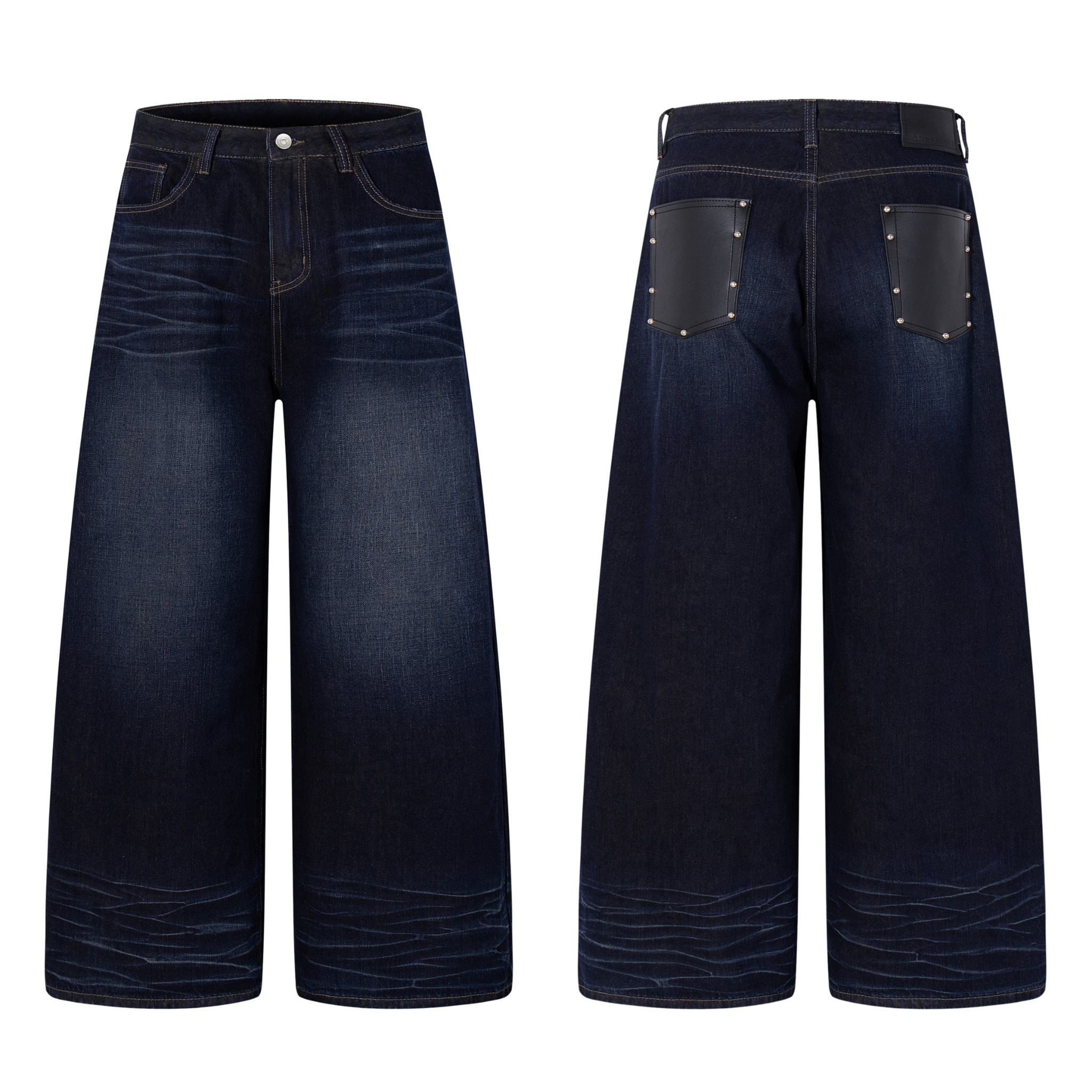 Front and back view of Omirad wide-leg dark indigo jeans with faux-leather stud patch pockets