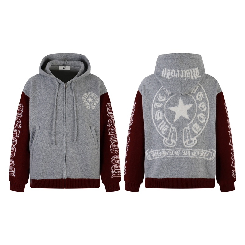 Front and back views of the gray and burgundy knit zip hoodie with white star graphics