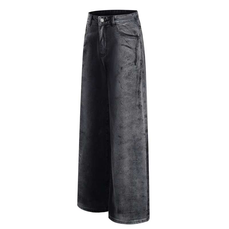 Dark washed wide-leg jeans angled front view showing smoky texture and straight, loose legs