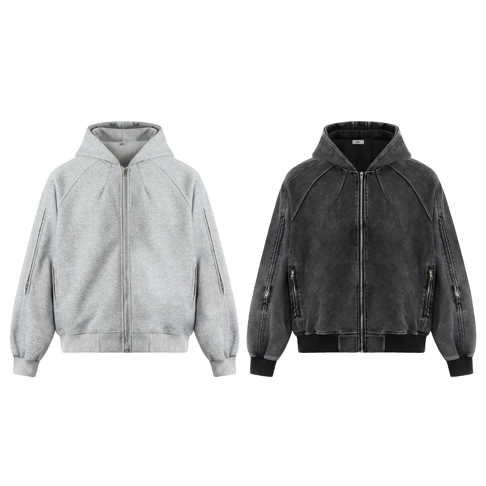 Sculpted seam zip-up hooded jacket in light grey marl and washed charcoal black, shown flat on white background