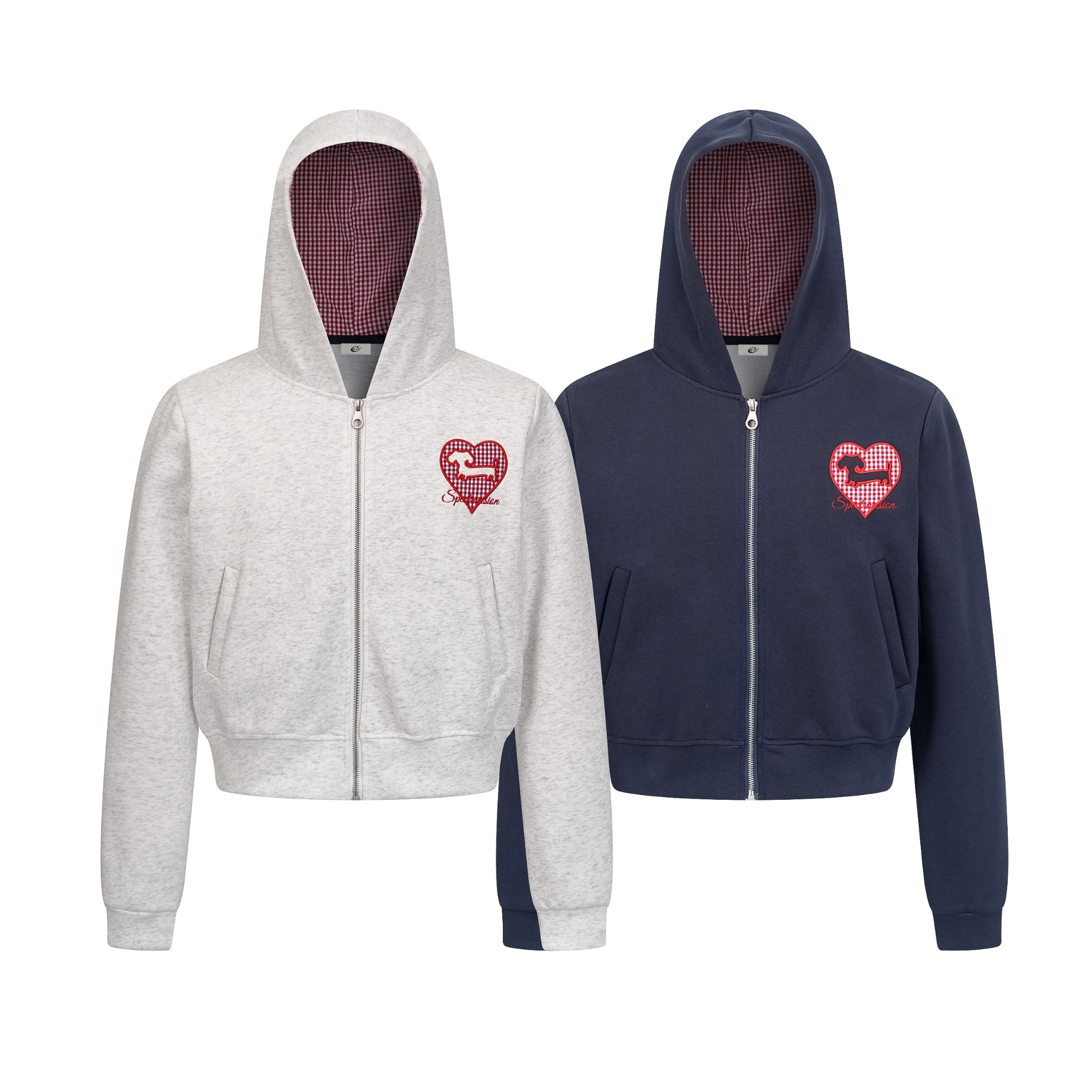 Light grey and navy cropped zip hoodies with red gingham heart chest embroidery and matching gingham-lined hoods