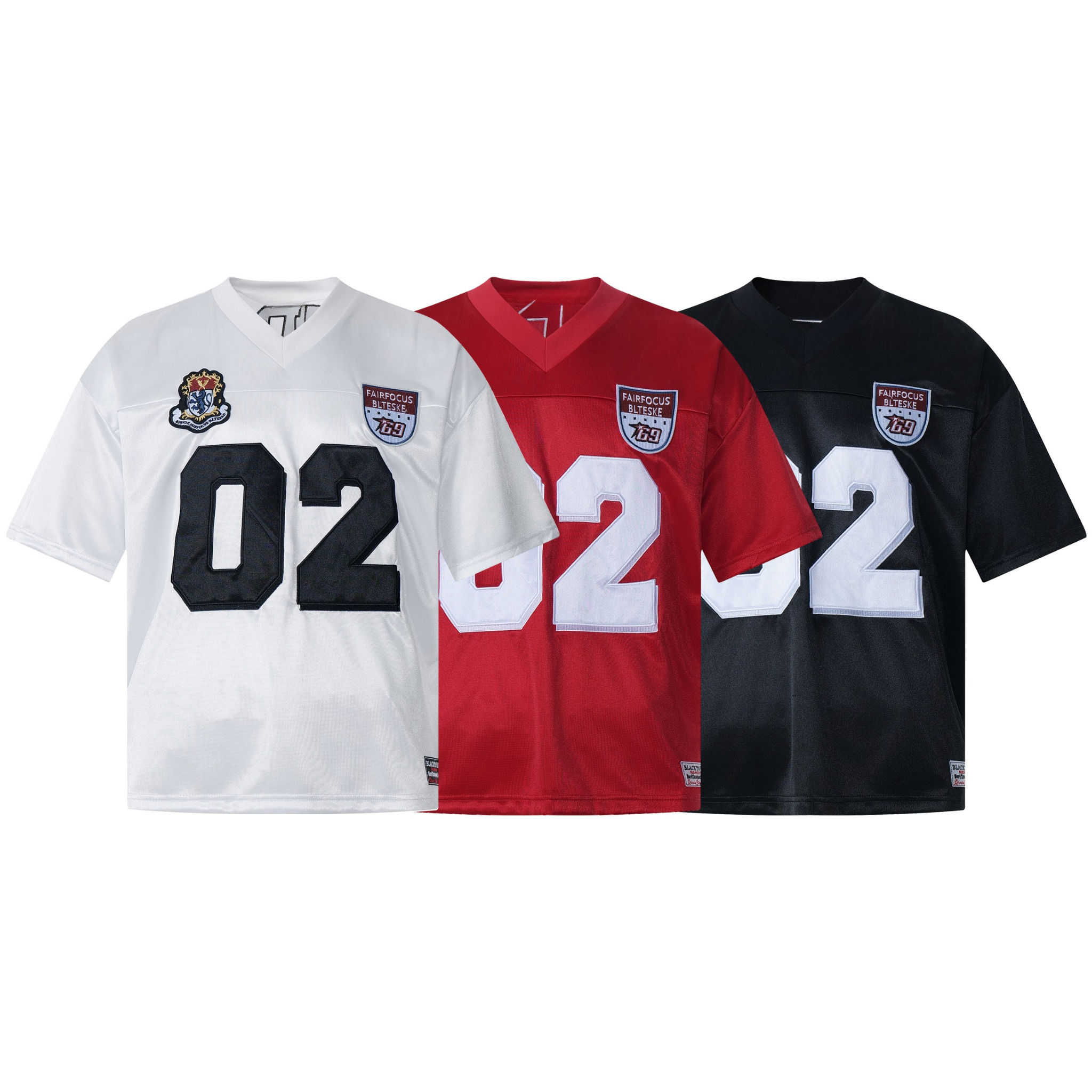 White polyester mesh football jersey with black embroidered number 02 and two collegiate chest patches on a plain background