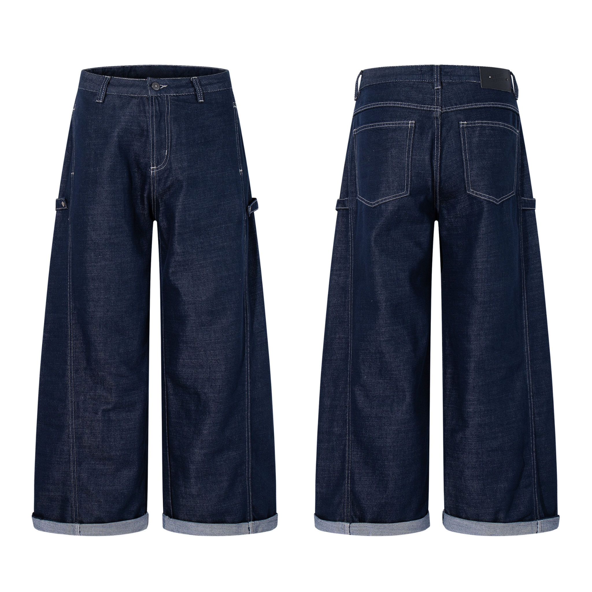 Front and back view of deep-indigo wide-leg utility jeans with contrast stitching, side utility loops, and rolled cuff hem