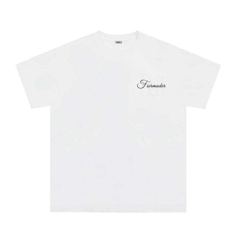 White oversized graphic T-shirt with embossed M and Formader script logo on chest