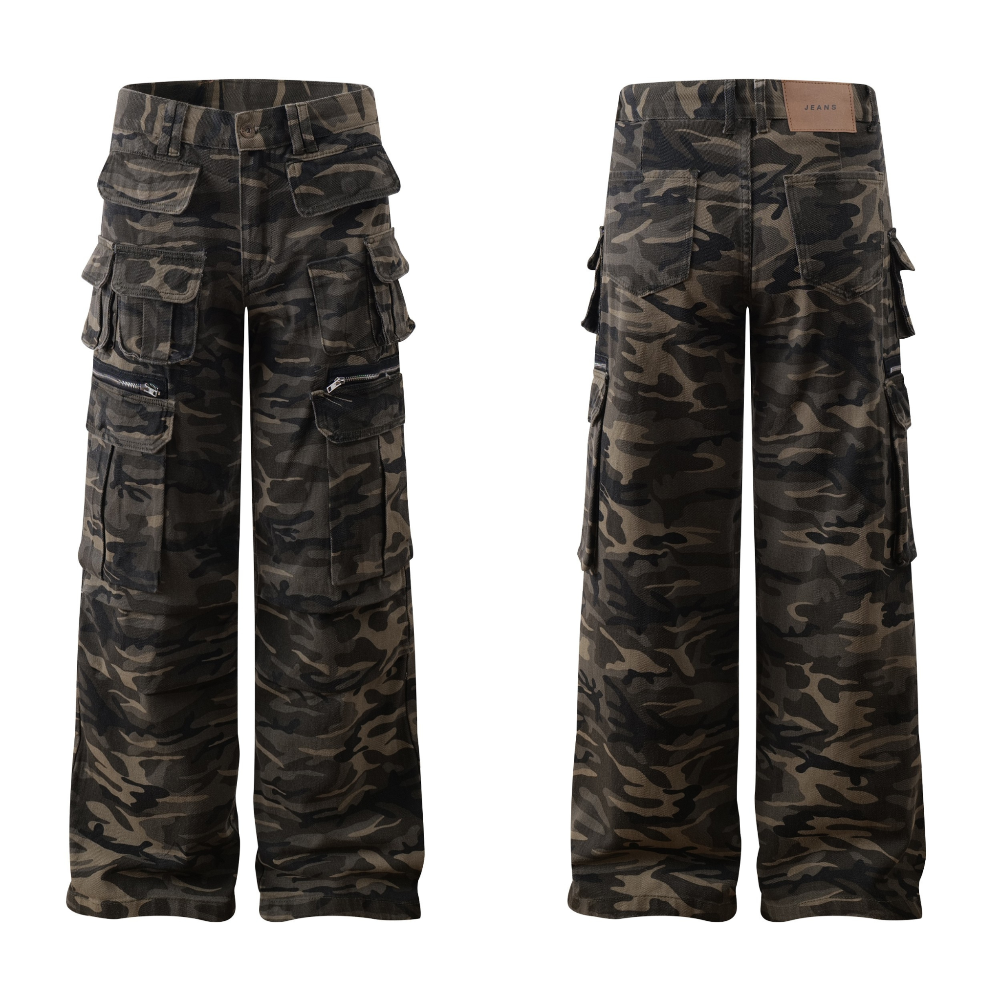 Front and back view of wide-leg camouflage cargo pants with multi-layer flap pockets and zip details