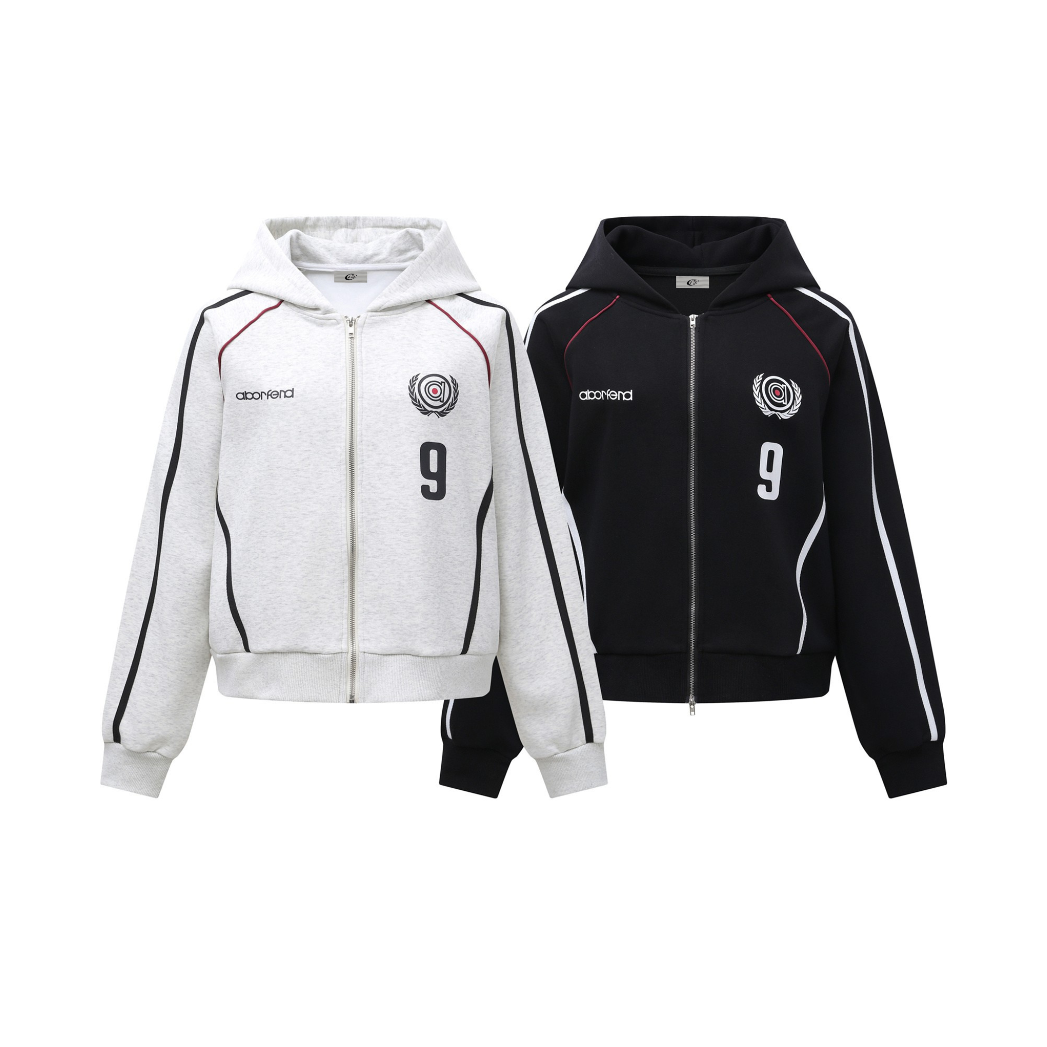 Omirad Retro Track Zip Hoodie in light grey and black with contrast piping, embroidered logo, and number 9 patch