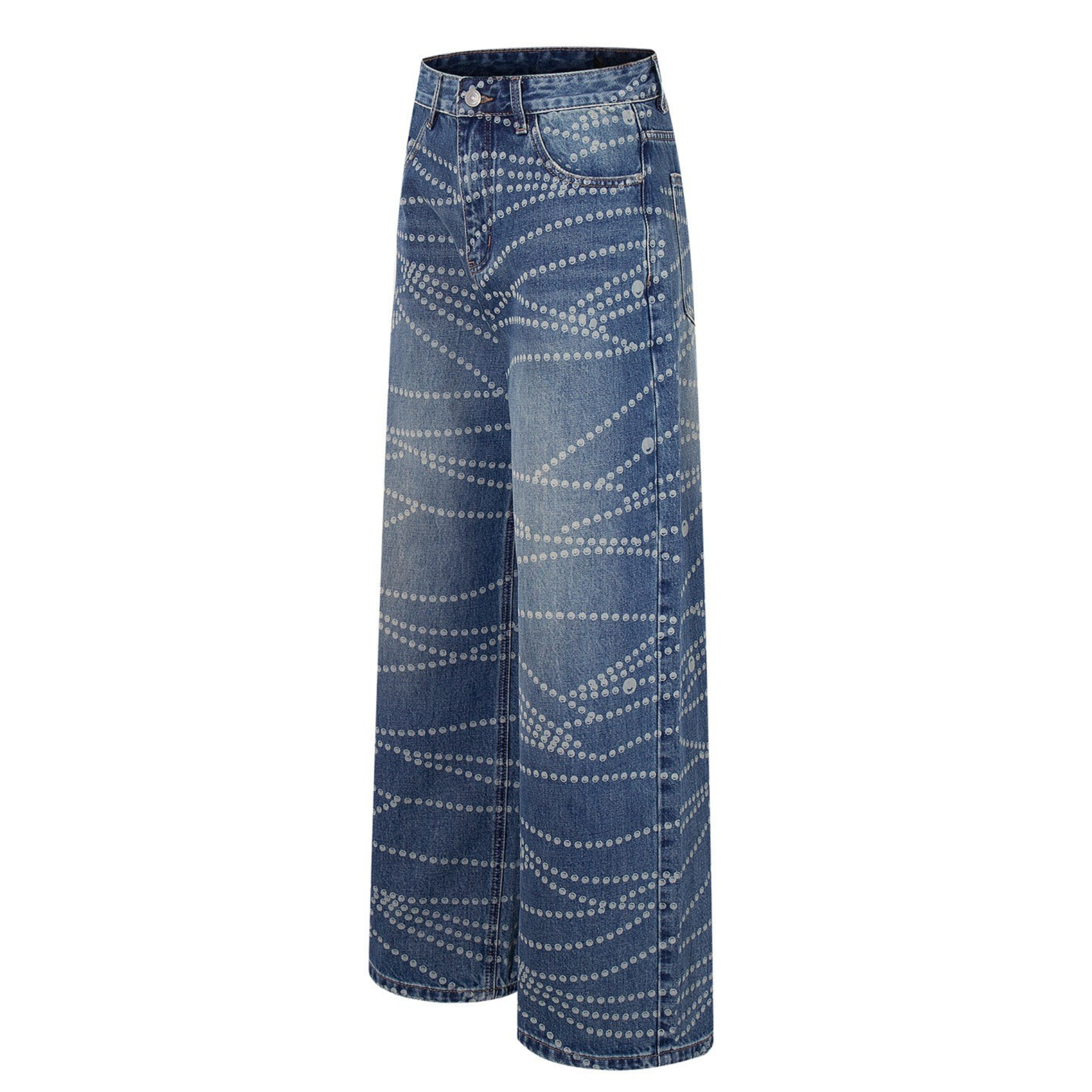 Wide-Leg Dot-Pattern Denim Pants | Washed Streetwear Jeans