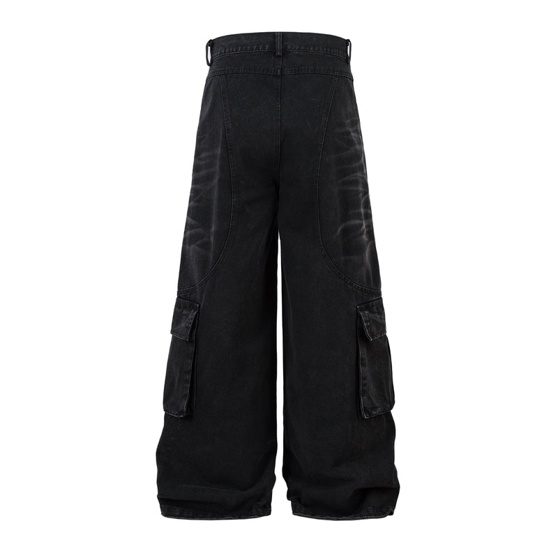 Omirad Washed Arc-Panel Cargo Wide-Leg Jeans | Black