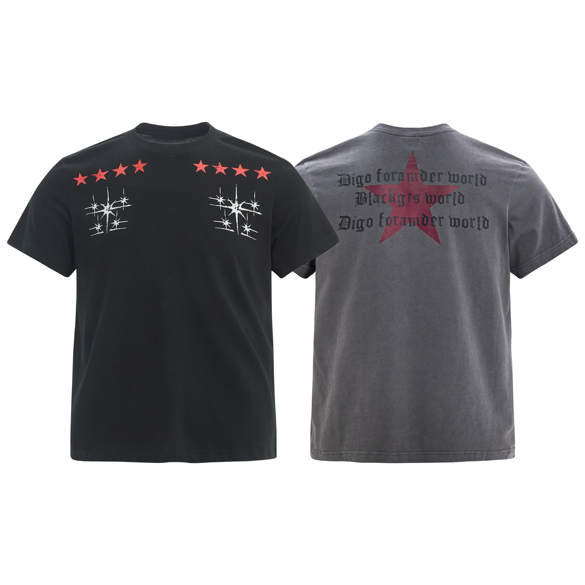 Black graphic tee showing front and back: red star rows, starburst prints on chest, large red star with gothic text on back