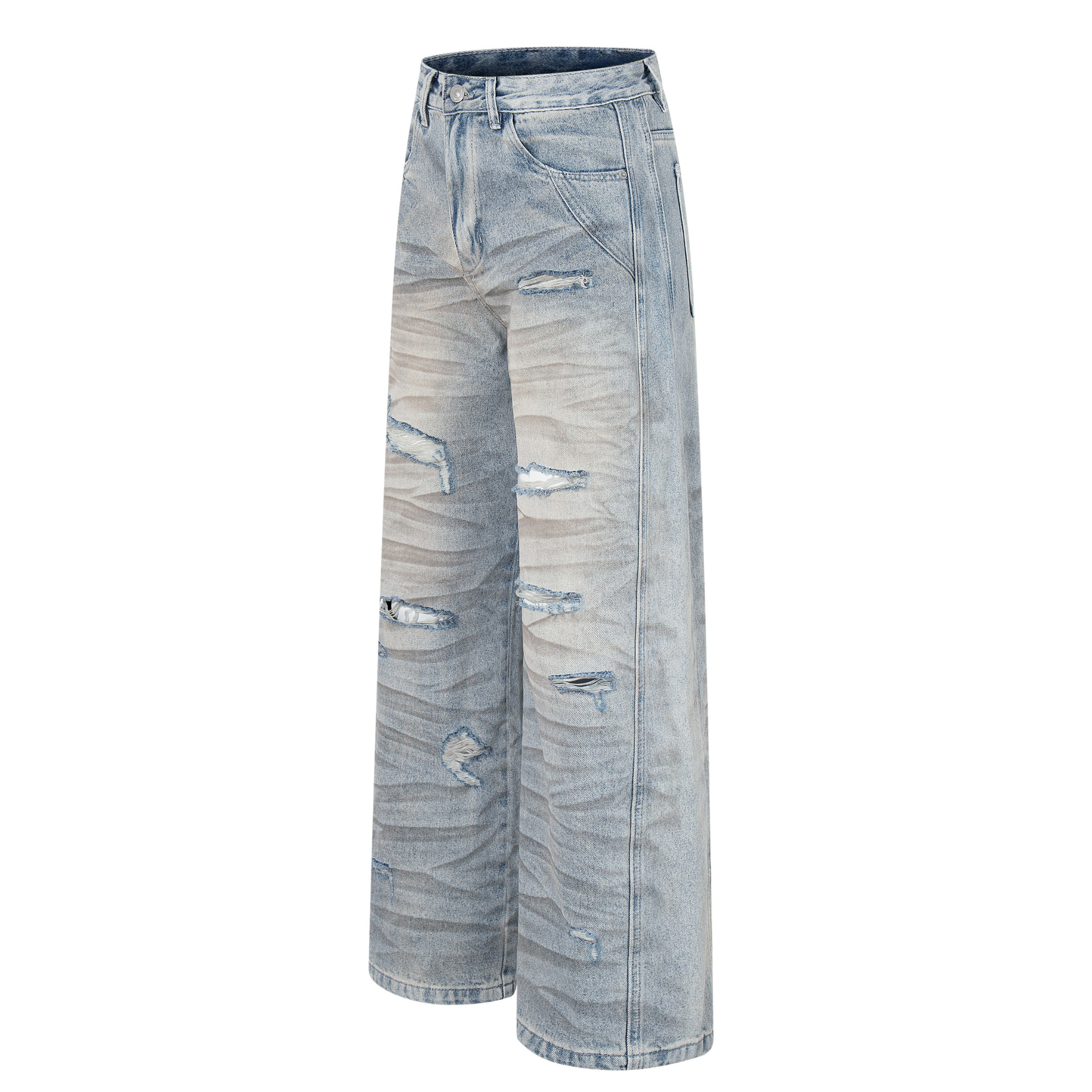 Heavy Whisker Destroyed Wide-Leg Jeans | Distressed Denim