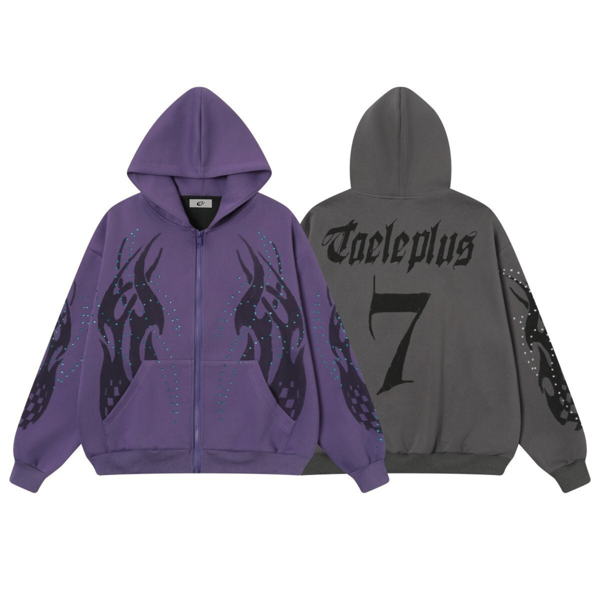Purple and grey oversized zip-up hoodies with black tribal flame print and rhinestone accents, front and back views