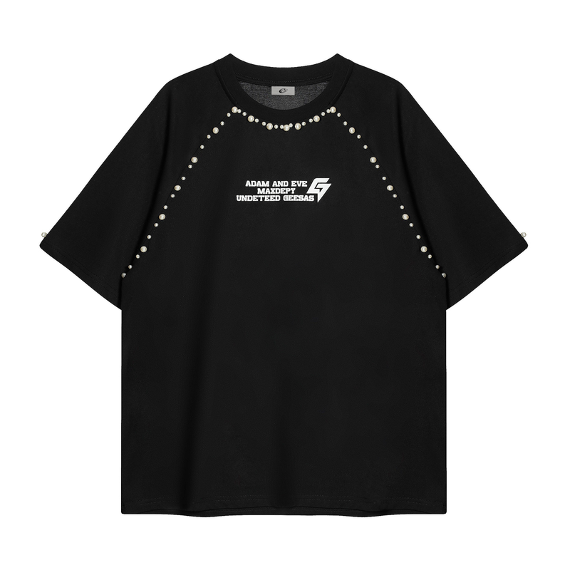 Black oversized raglan graphic tee with pearl-like stud trim and bold chest logo on a white background