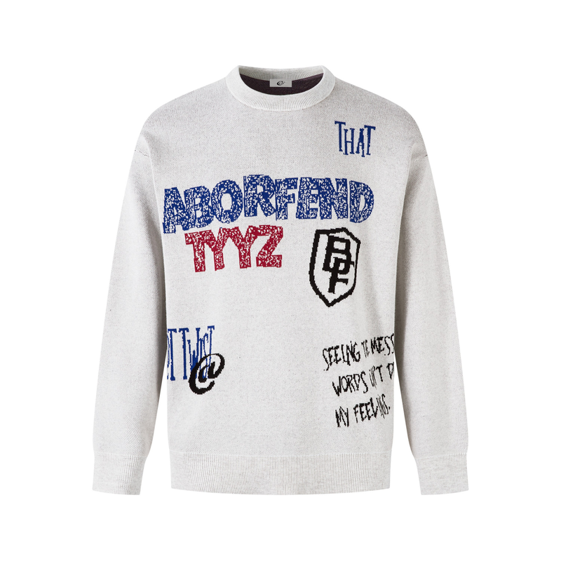 White knit sweater front with blue, red, and black graffiti-style embroidered text and crest graphic