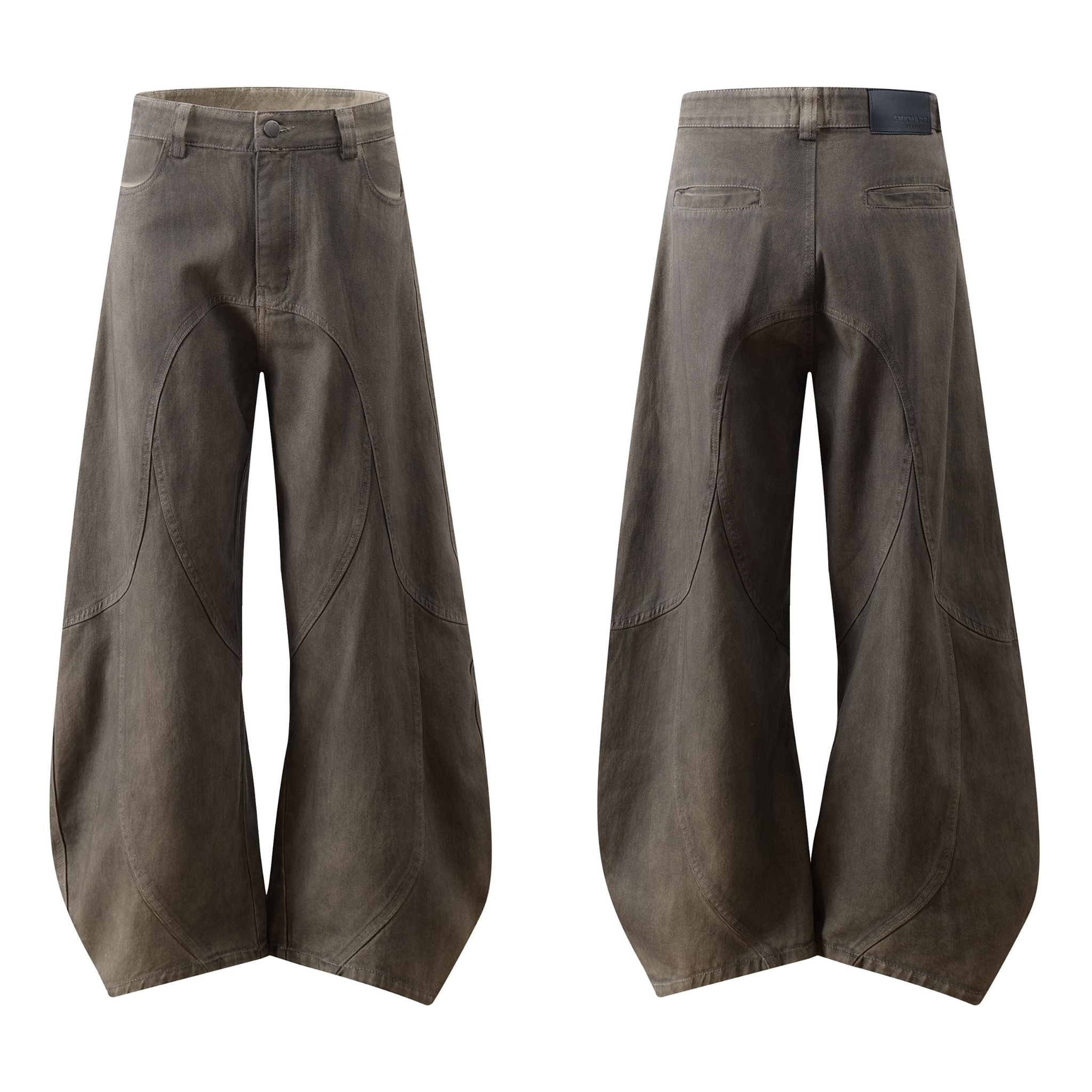 Front and back view of washed brown curved-panel blade wide-leg jeans with sculpted seam detailing