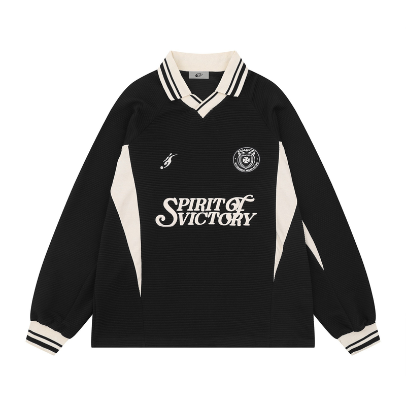 Black long sleeve soccer jersey with cream collar, front view