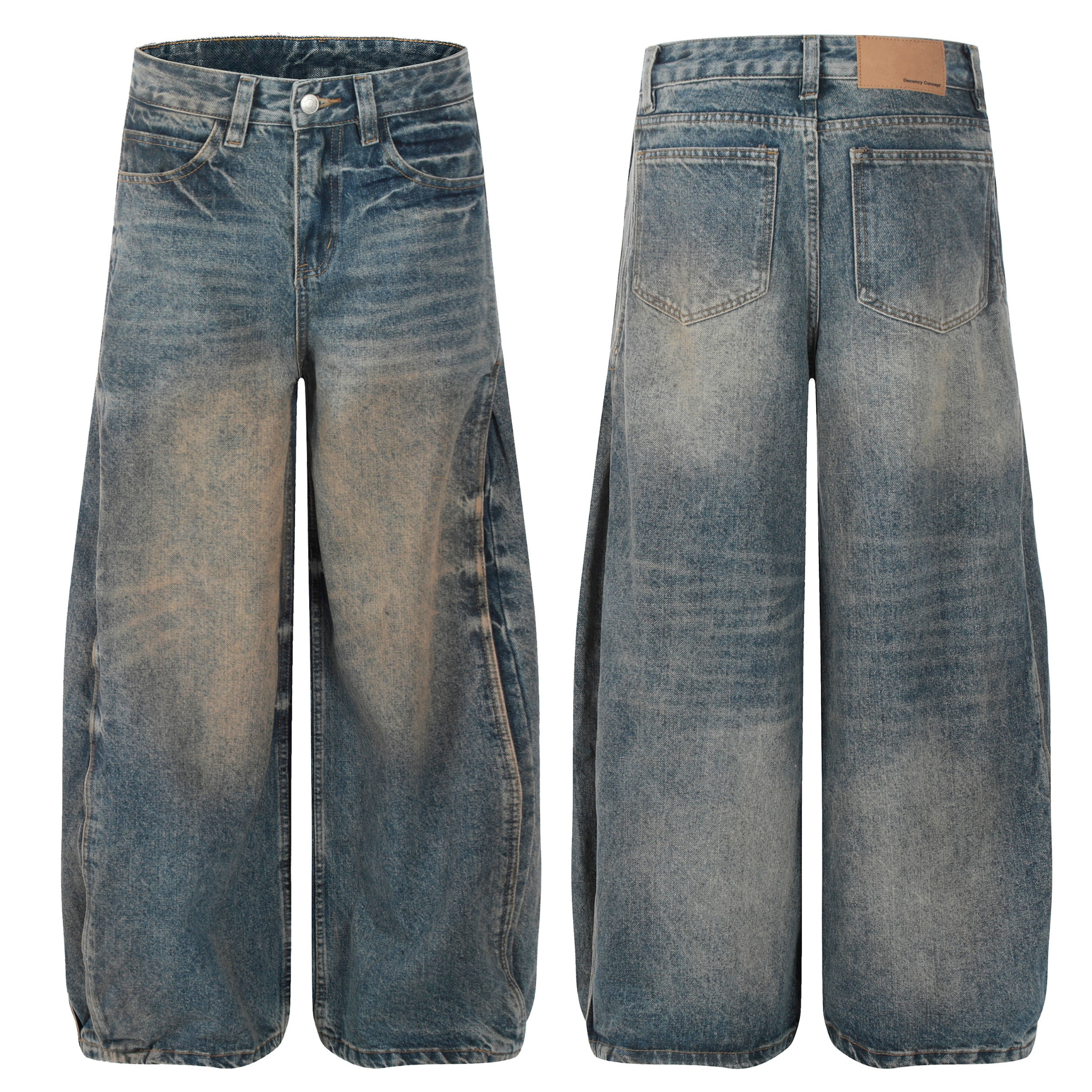 Front and back view of sand-washed barrel-leg jeans with vintage fading gradient and wide-leg silhouette