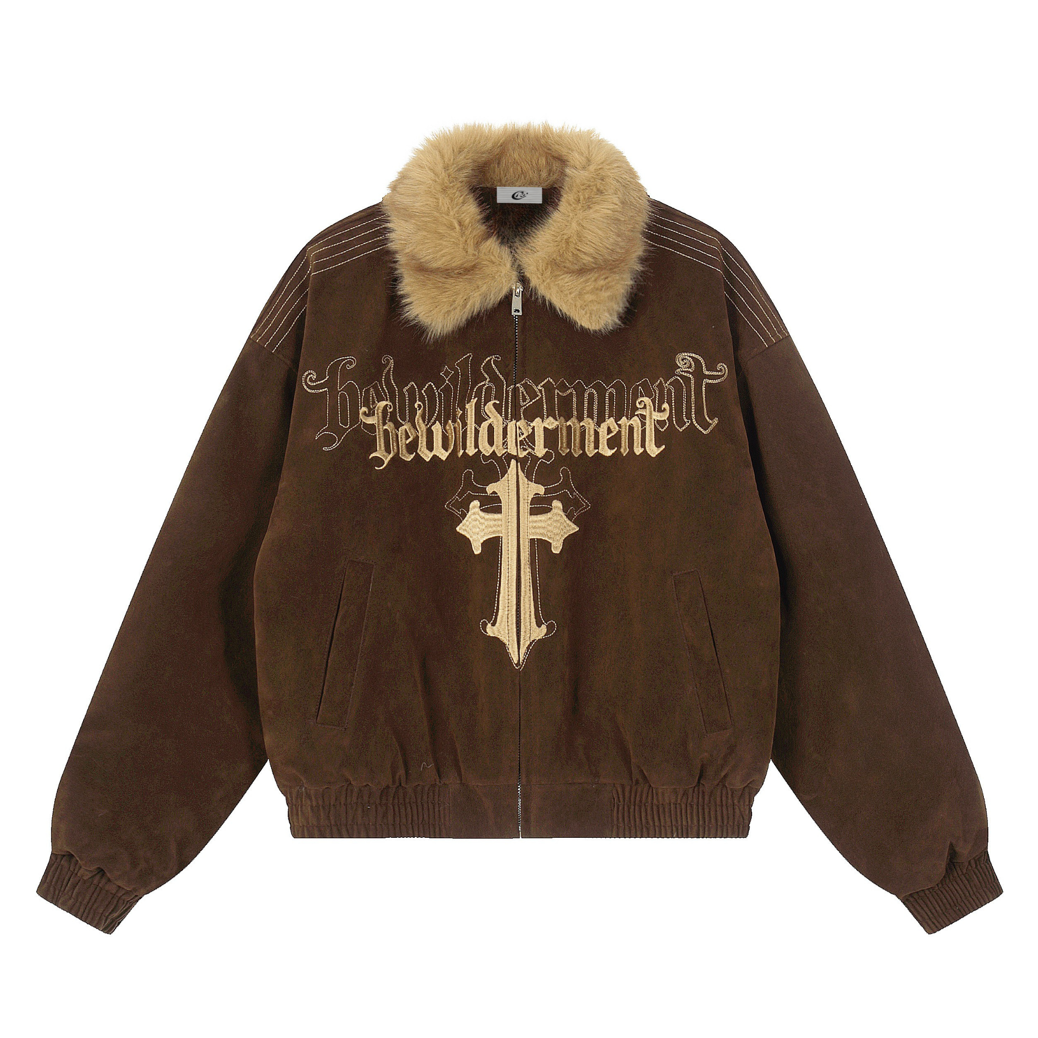 Gothic Cross Embroidered Faux Fur Collar Bomber Jacket