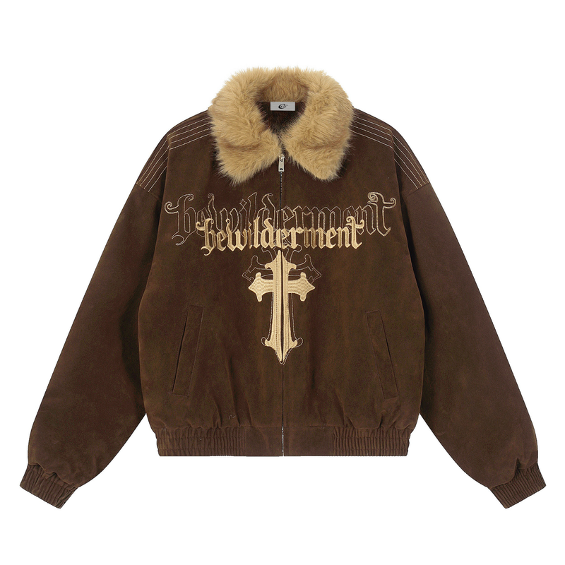 Gothic Cross Embroidered Faux Fur Collar Bomber Jacket
