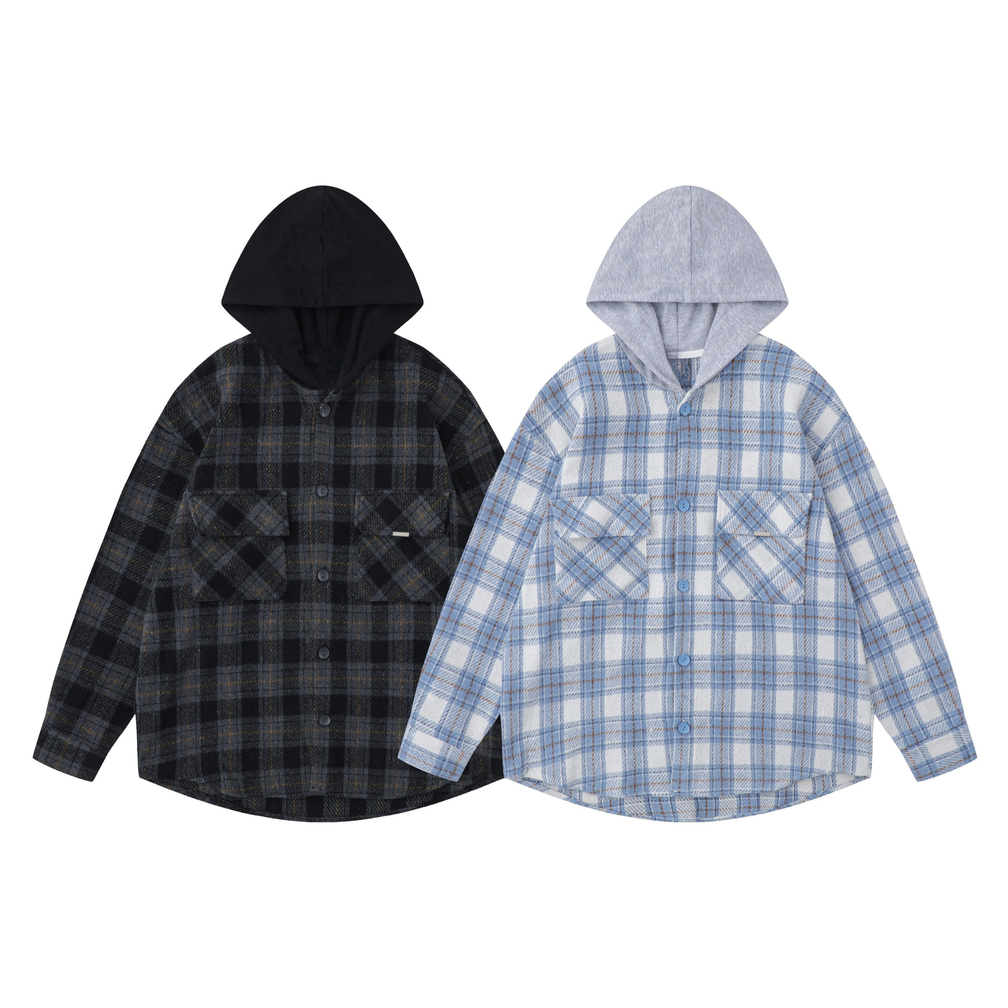 Two hooded flannel plaid overshirts side by side — dark charcoal-black and light blue-white colorways with contrast jersey ho
