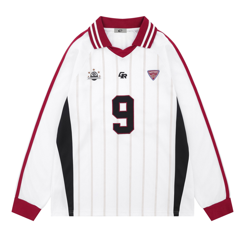 White pinstripe soccer jersey with maroon collar, front view showing chest patches and number 9