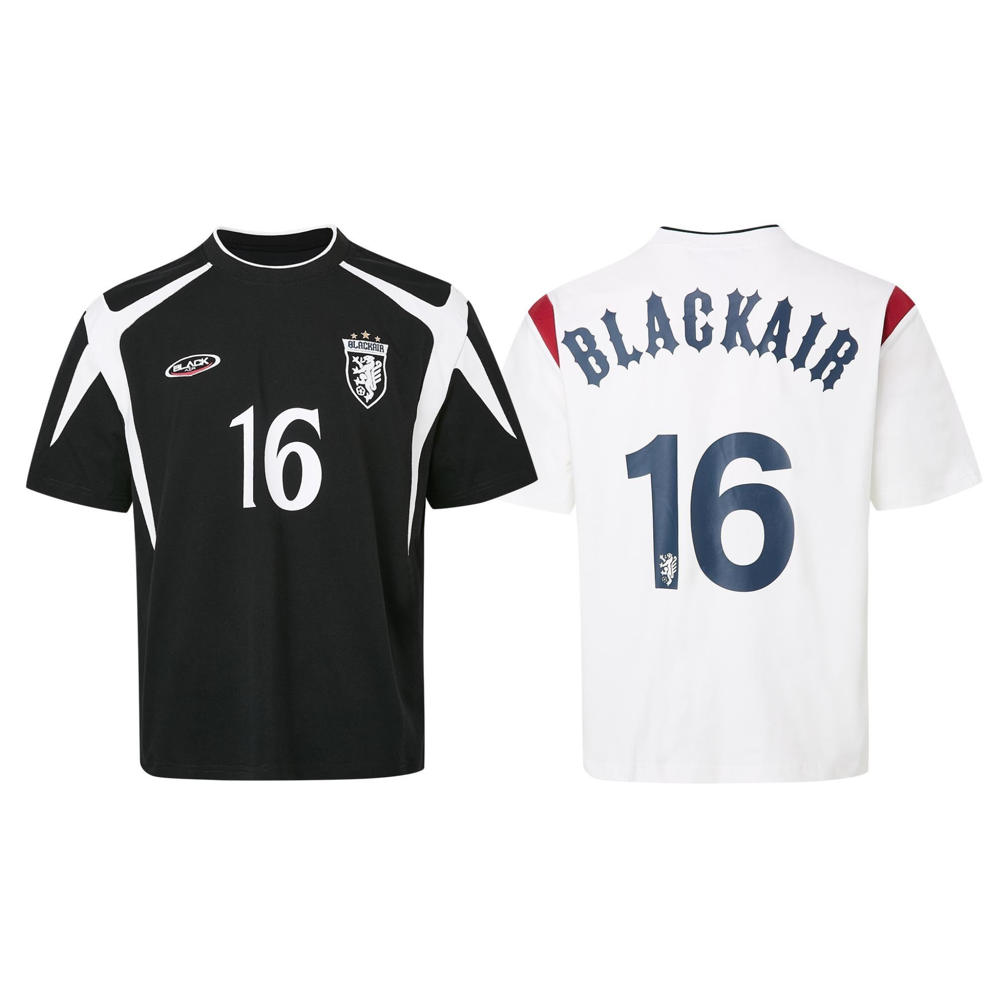 Front and back view of BLACKAIR 16 retro football tee in black and white colorways with contrast shoulder panels