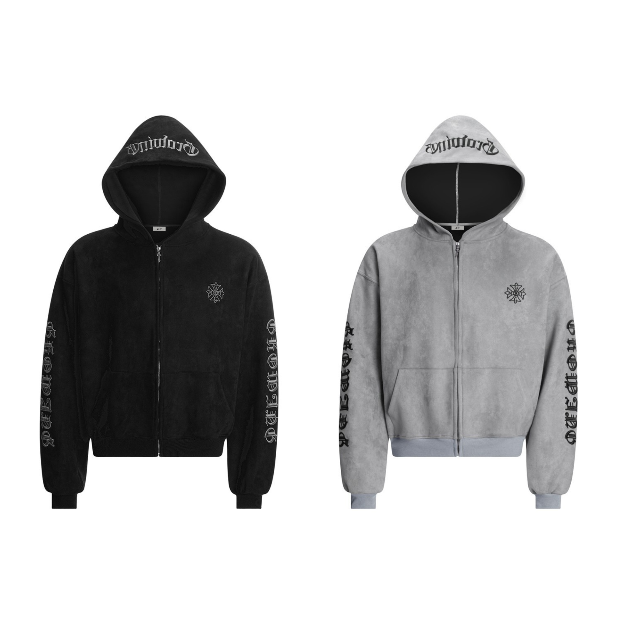 Omirad gothic embroidered suede zip hoodie in black with sleeve script embroidery and cross chest logo