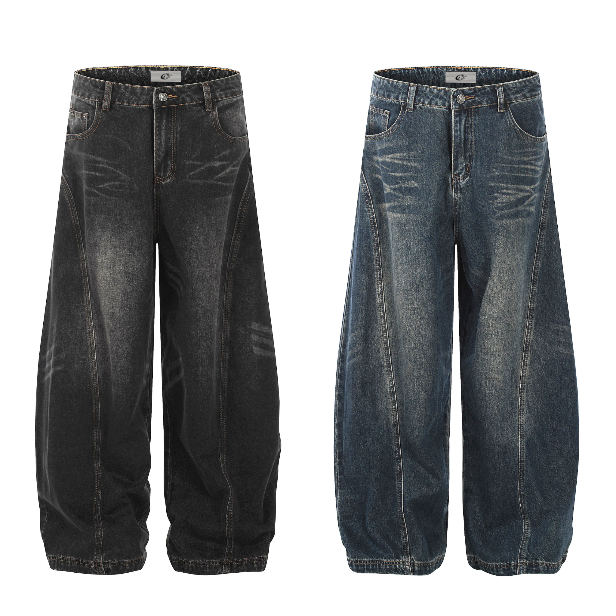 Washed black and indigo blue balloon wide-leg denim jeans with panel seams and gathered hems, front view on white background