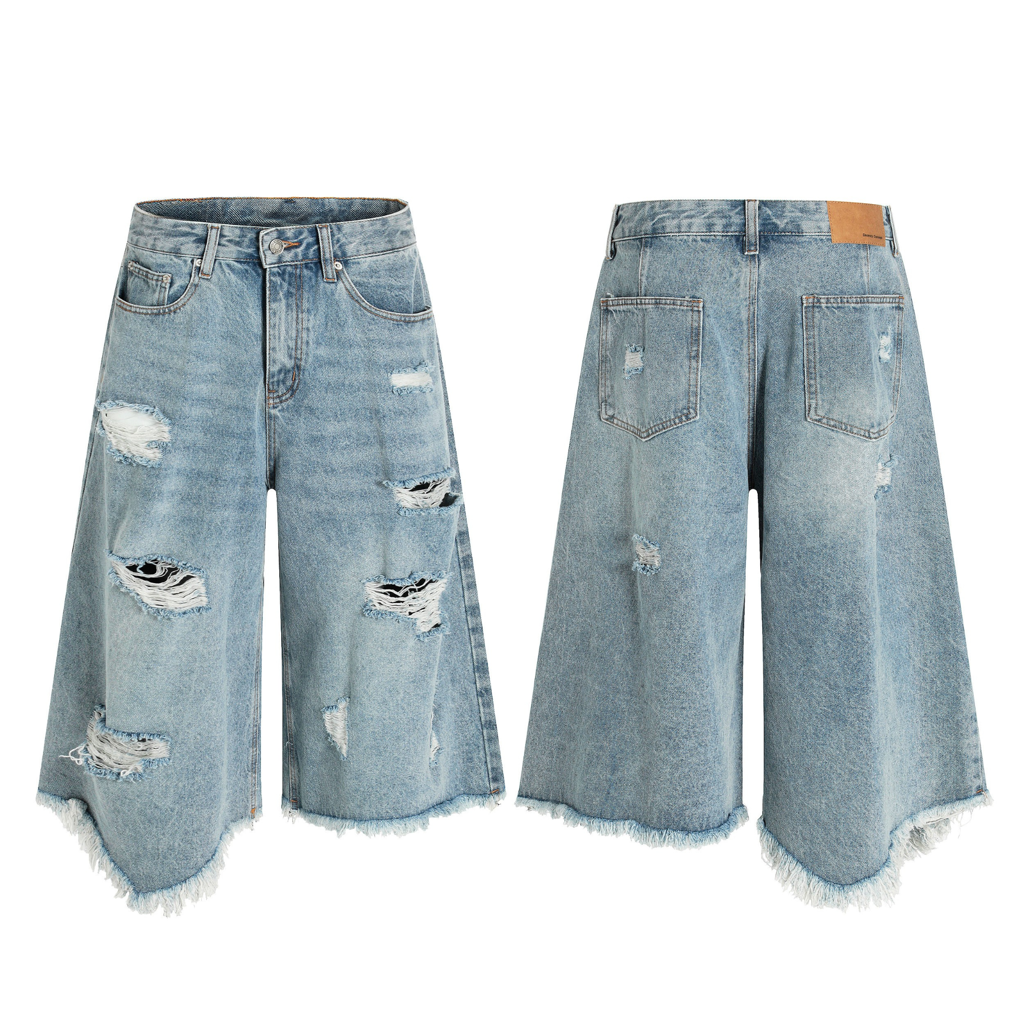 Front and back view of light wash wide-leg destroyed denim shorts with heavy distressing and frayed asymmetric hem