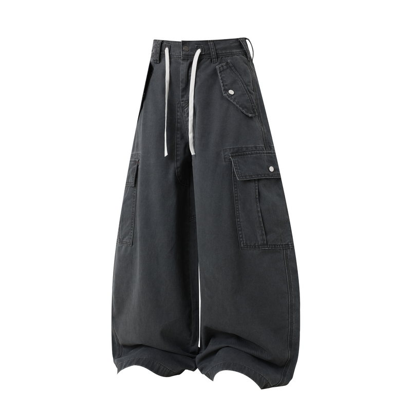 Washed black wide-leg cargo pants with white drawstring waist and flap pockets, front view