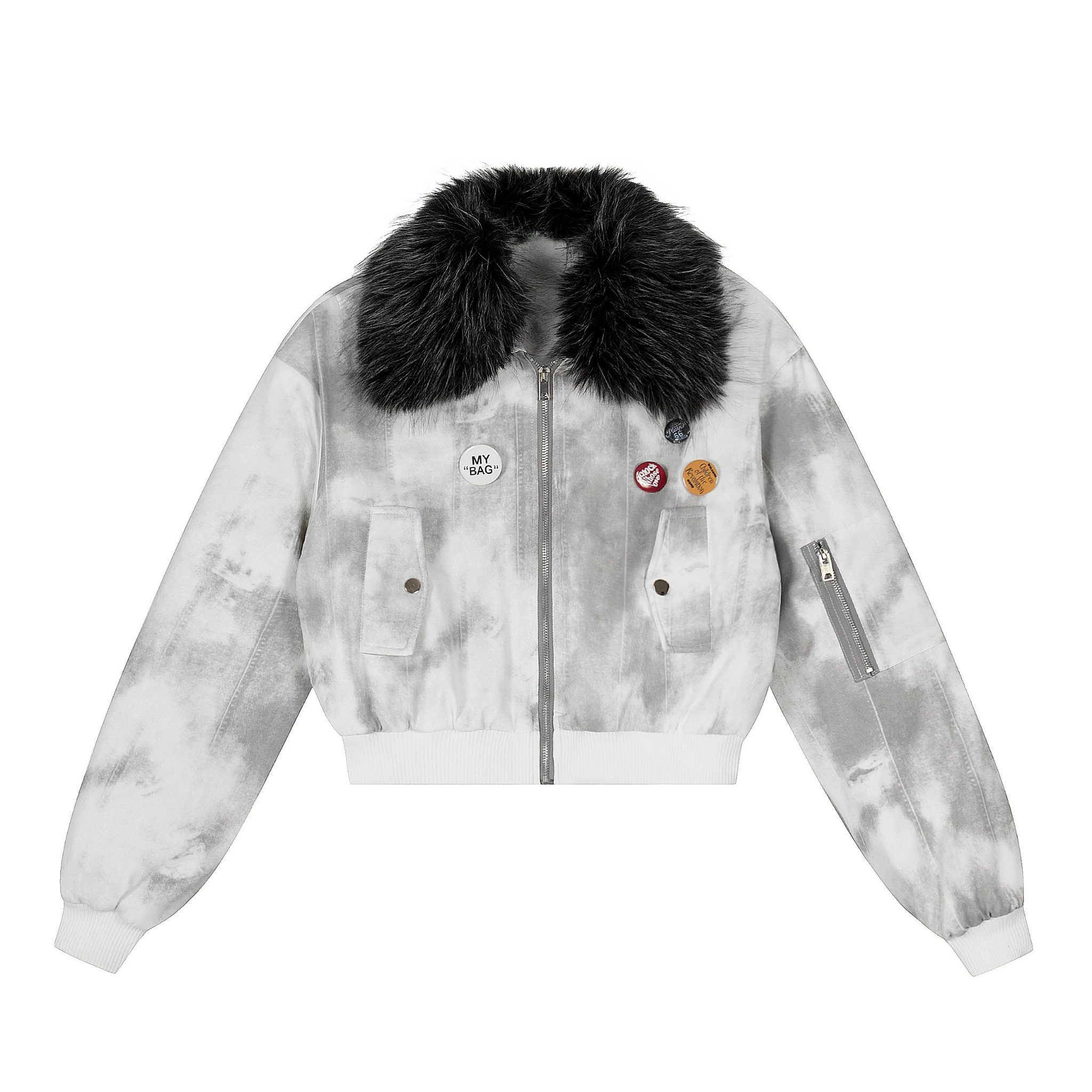 Tie-Dye Faux Fur Collar Cropped Bomber Jacket | Y2K Streetwear
