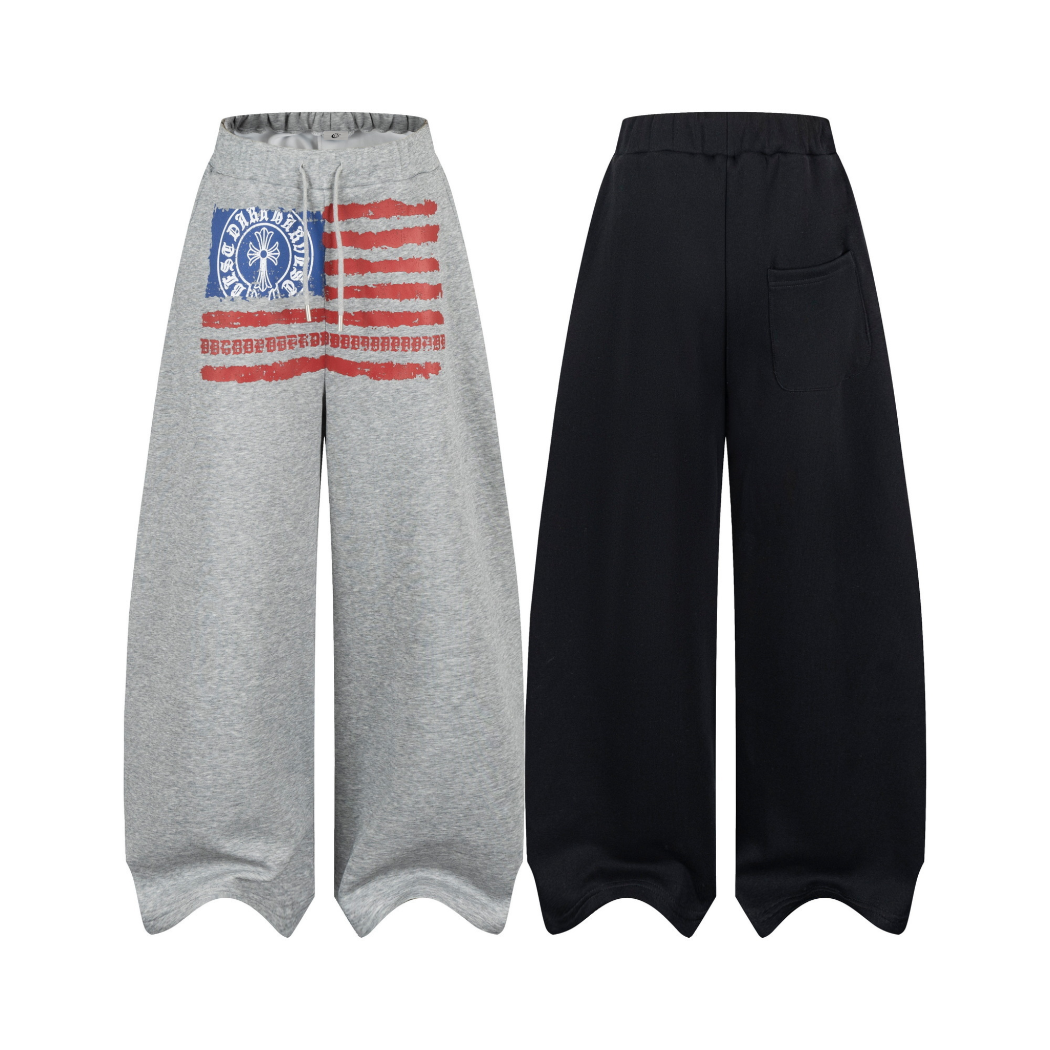 Heather grey wide-leg sweatpants with distressed American flag graphic and wave-cut hem, front and back views