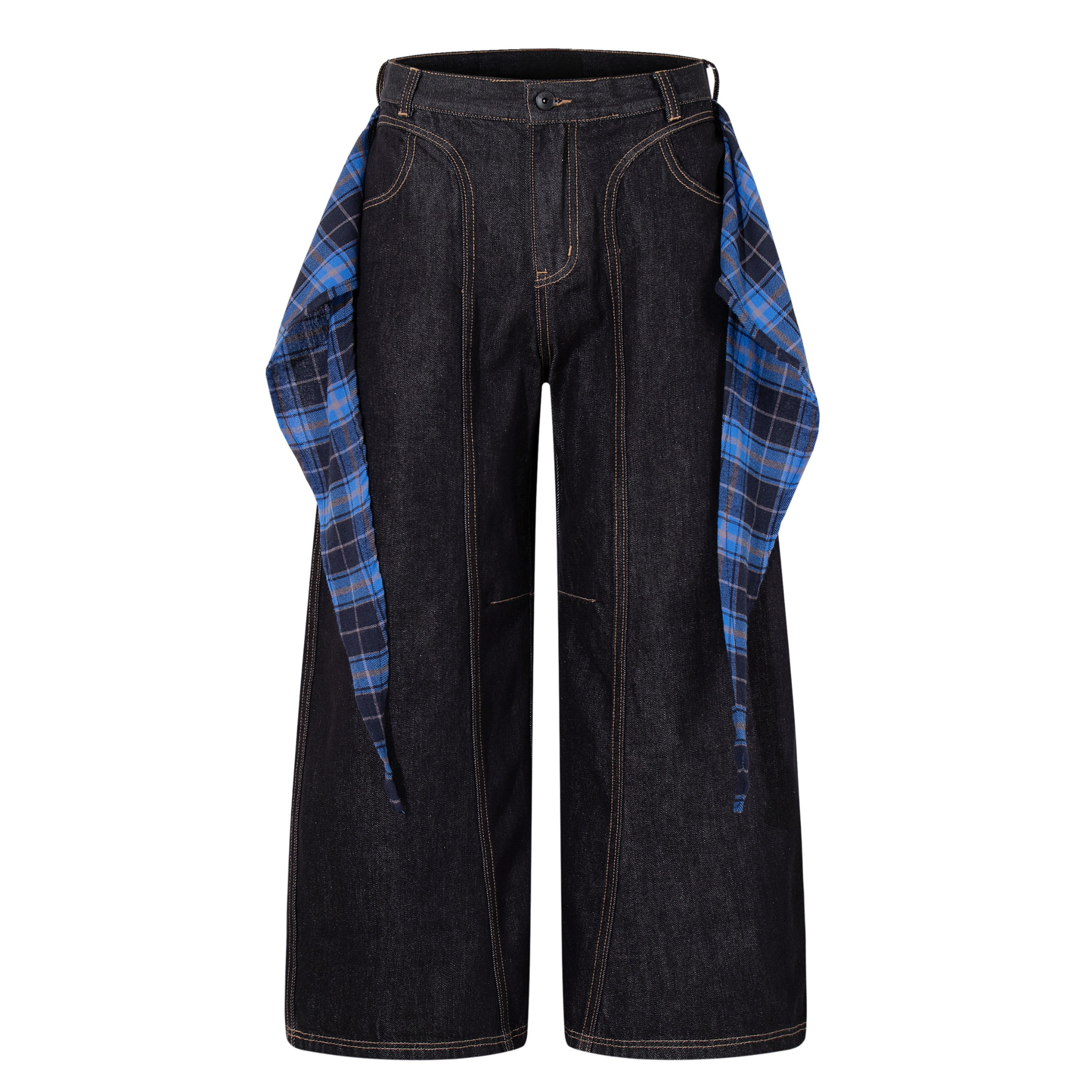 Omirad Plaid-Panel Wide-Leg Jeans | Dark Wash Denim