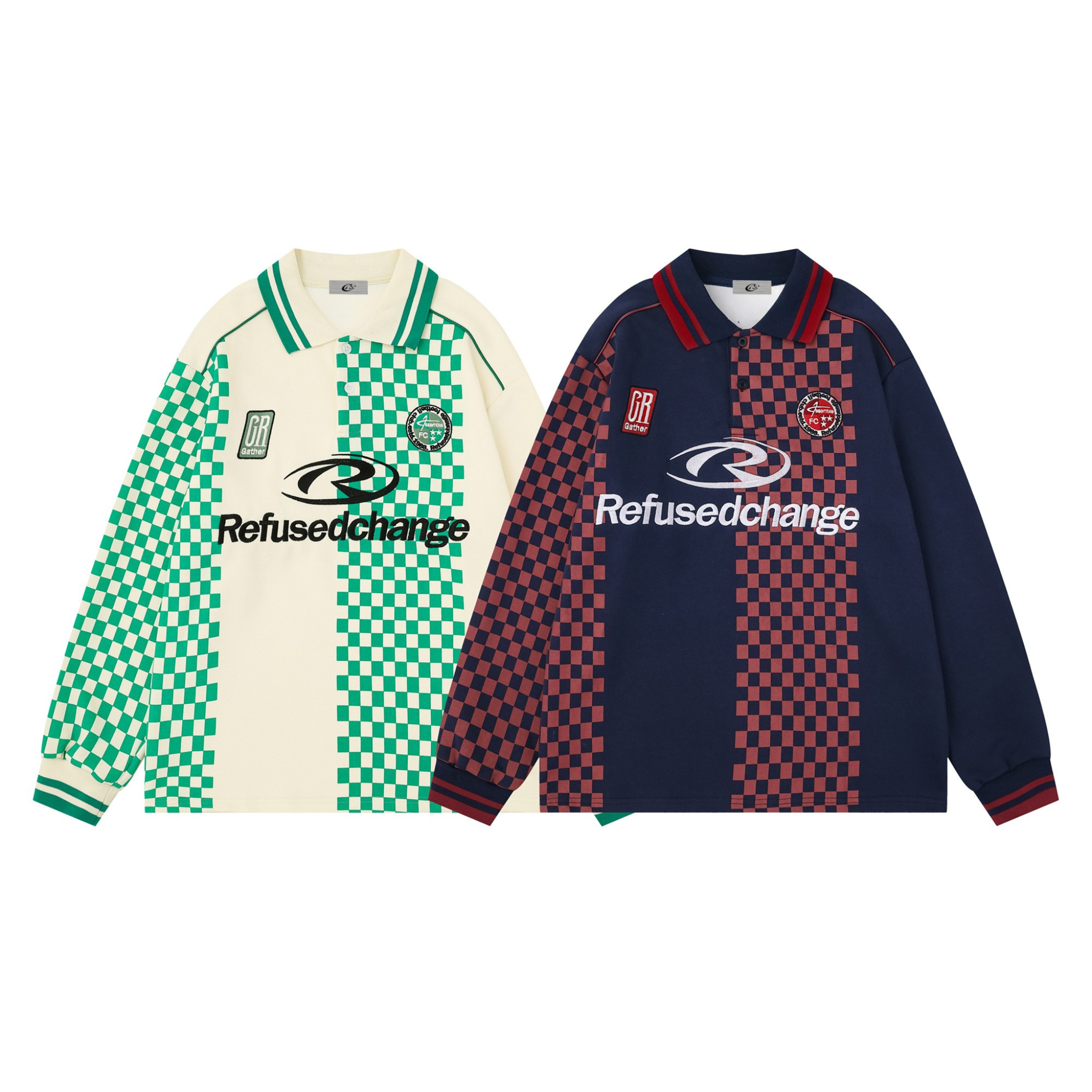 Cream and green split checkered long sleeve racing polo jersey with Refusedchange chest graphic and logo patches