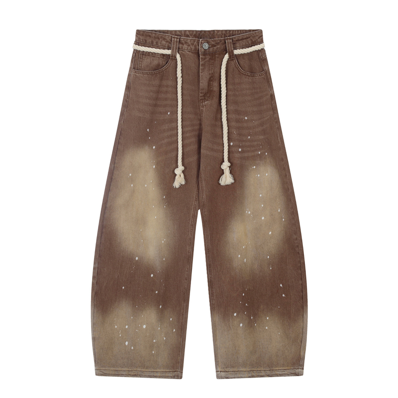 Rope-Waist Paint-Splatter Wide-Leg Jeans | Vintage Wash