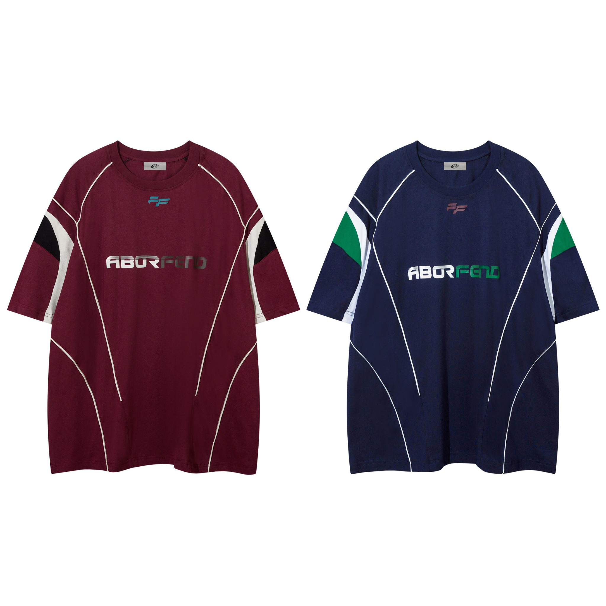 Burgundy oversized ABORFEND paneled jersey tee with reflective white piping and color-block sleeves, flat lay on white backgr