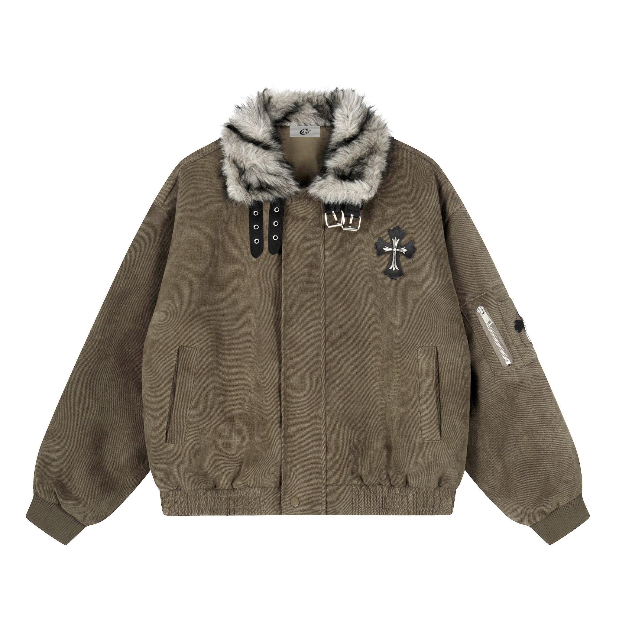 Faux Fur Collar Suede-Texture Buckle Bomber Jacket