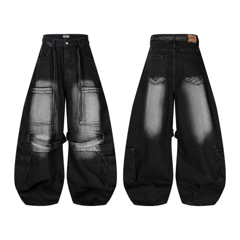 Front and back views of black layered wide leg jeans with braided belt detail