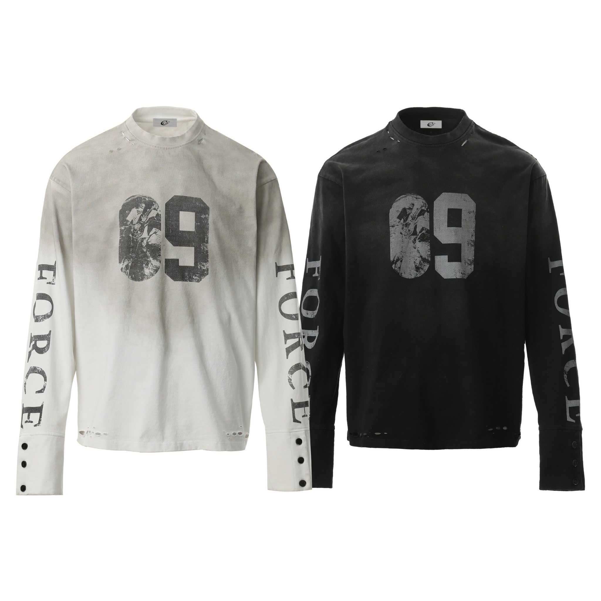 Off-white and black distressed number graphic long-sleeve tees with sleeve lettering and button-accent cuffs