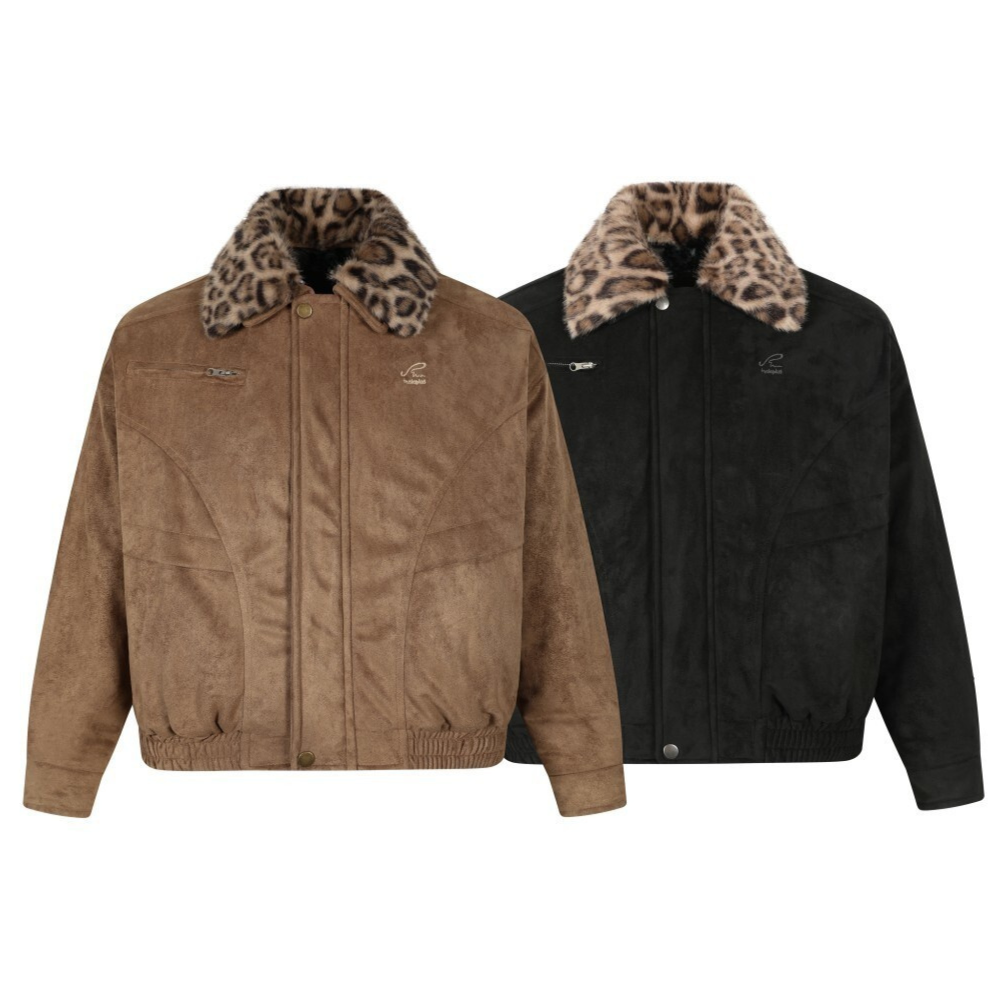 Omirad tan and black faux suede bomber jackets with leopard print faux fur collars, shown side by side on white background
