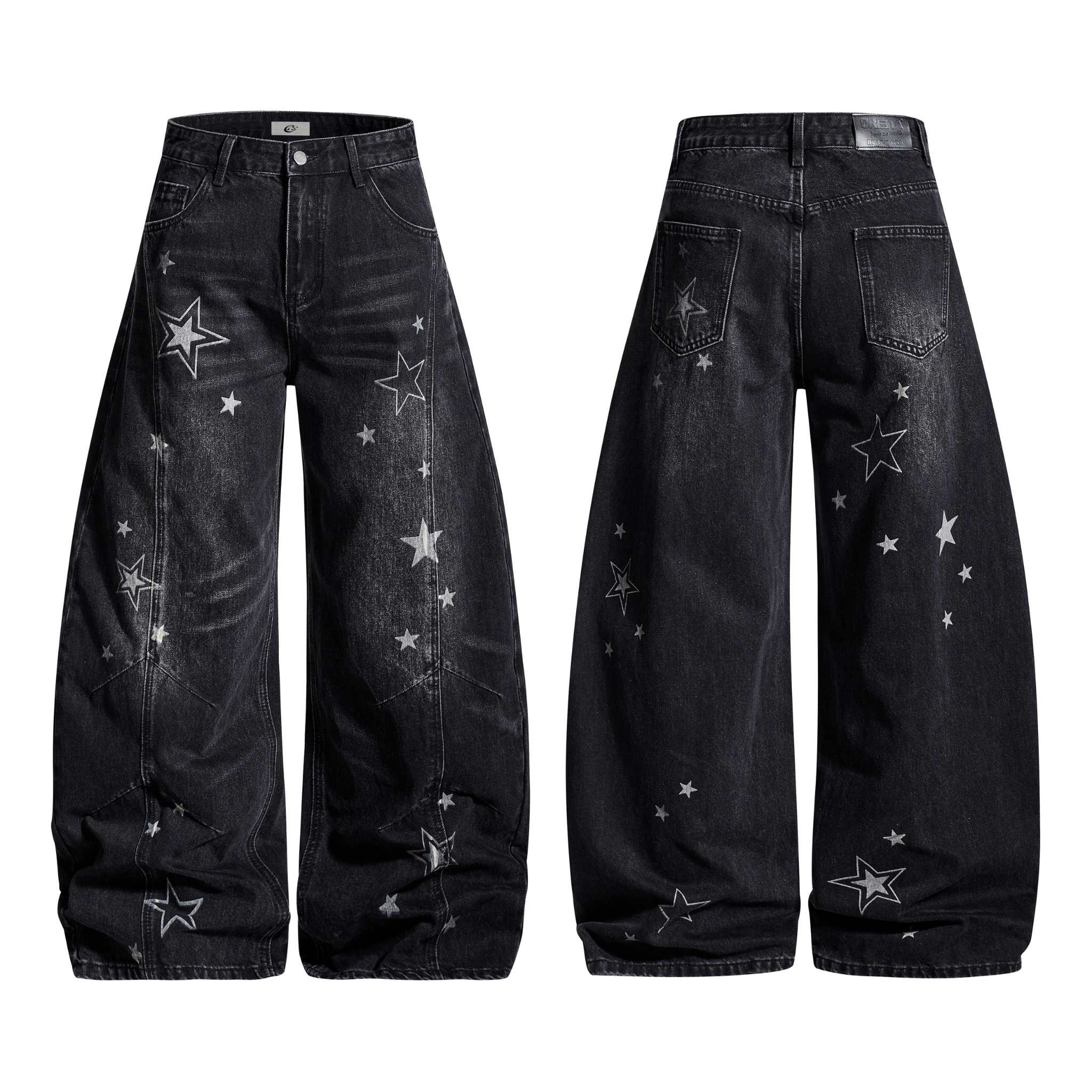 Front and back view of black washed barrel-leg jeans with all-over silver star print embroidery on dark denim