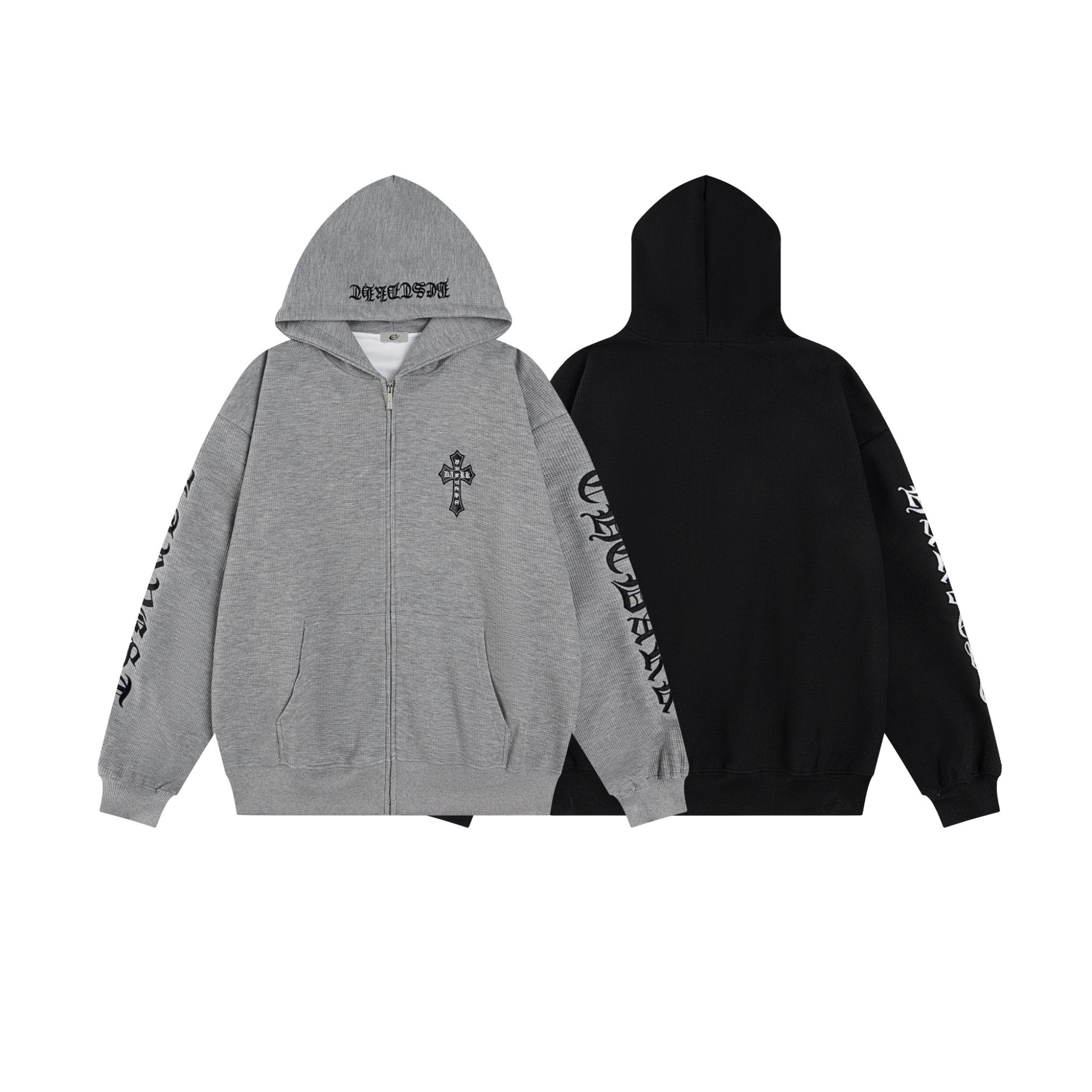 Heather grey gothic script zip hoodie with cross chest emblem and sleeve lettering, shown front and back alongside black colo
